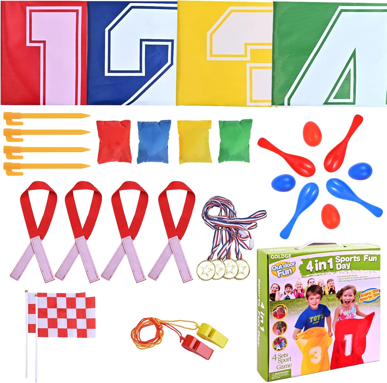 GOLDGE 28 Piece Outdoor Games Kit for Kids, Includes Potato Sack Race Bags, Bean Bag Toss, 3 Legged Race Bands, Egg Spoon Relay, for Easter & Birthday Parties image number 4