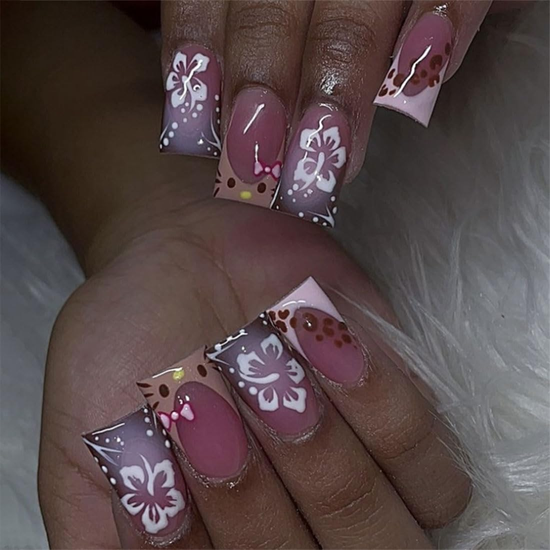 24PCS Cute Kitty Press on Nails,Medium French False Nails with Flower Pattern Design,Pink Purple Gradient Square Coffin Fake Nails for Women or Girls
