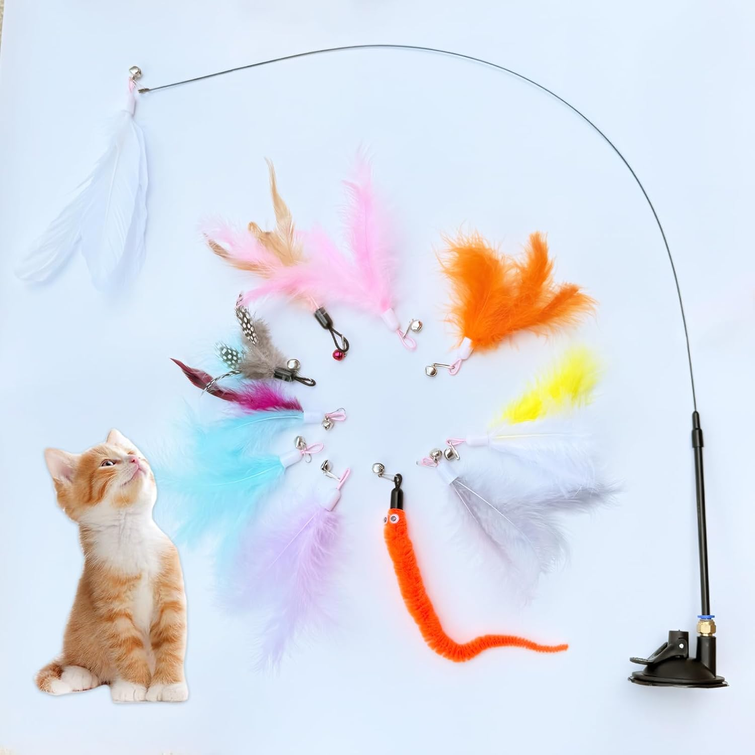 Cat Wand Toy Set 12 Pcs, Interactive Feather Cat Toys with Bell for Indoor Play, Exercise & Self-Entertainment, 2 Play Modes, Reusable Suction Cup Kitten Wand for Active Felines image number 4