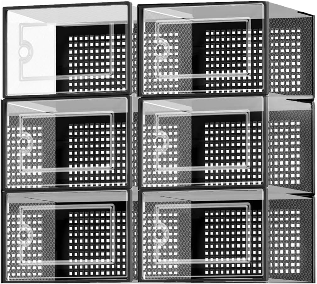 4 Pack Thicken Shoe Organizer Stackable, Containers for Sport Sneaker Display,Upgraded Sturdy Shoe Storage Box with Magnetic Door, DIY Shelving System