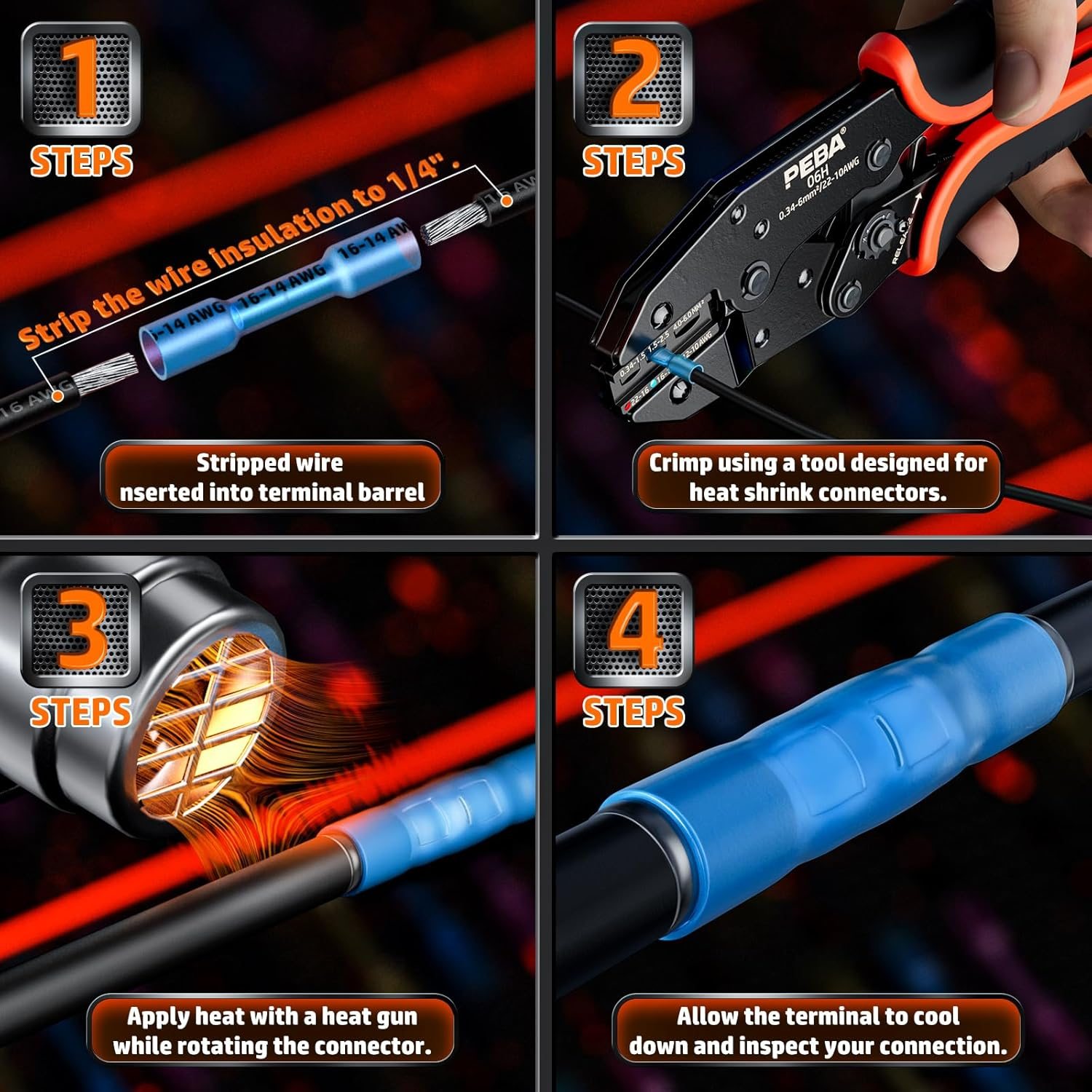 PEBA Crimping Tool for Heat Shrink Connectors 22-10 AWG, with 3 Sizes Heat Shrink Butt Connectors Kit - Ratcheting Wire Crimpers - Electrical Crimping Tool Pliers - Ratchet Terminal Crimper（Ul Listed） image number 2