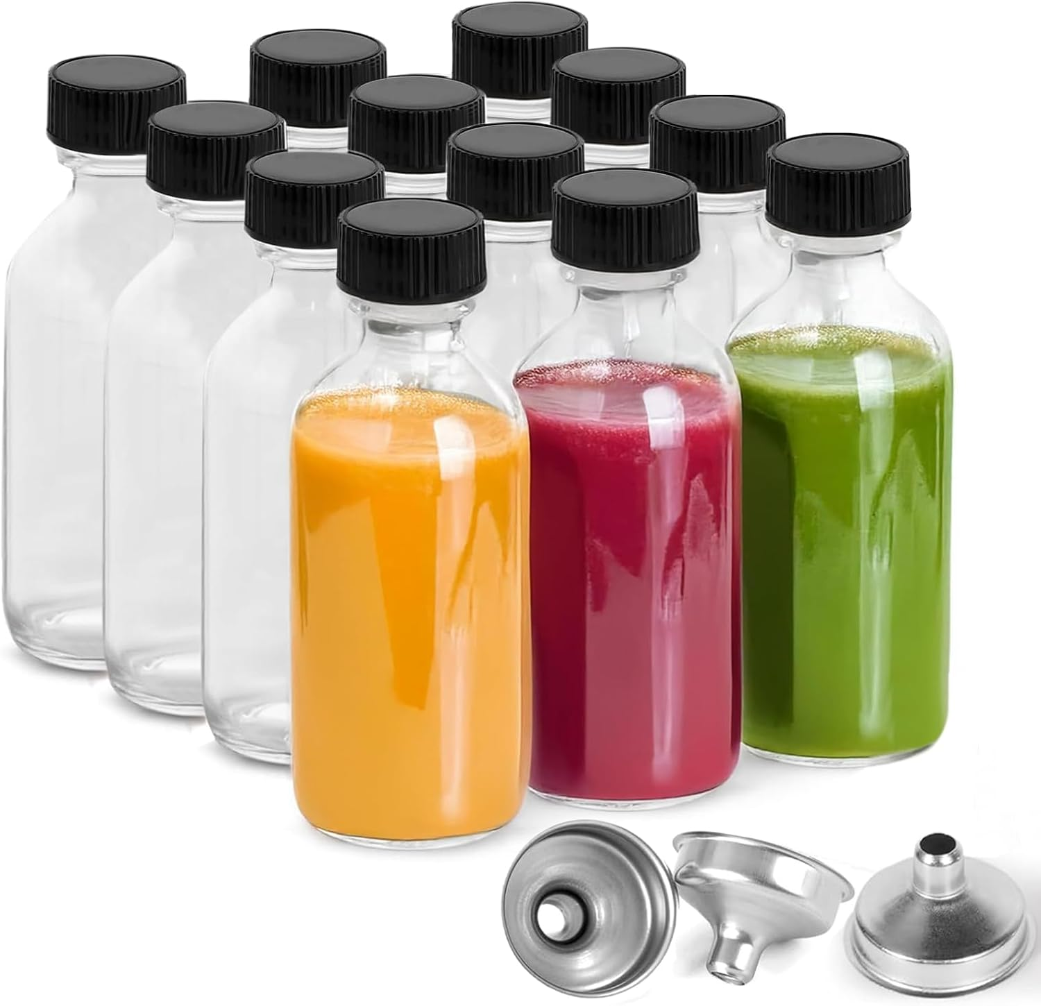 12-Pack 2Oz (60Ml) Glass Shot Bottles with Caps with Pouring Funnel - Ideal for Hot Sauce Bottles, Whiskey, Liquid Storage, Wellness, Miniature & Wedding Decor image number 1