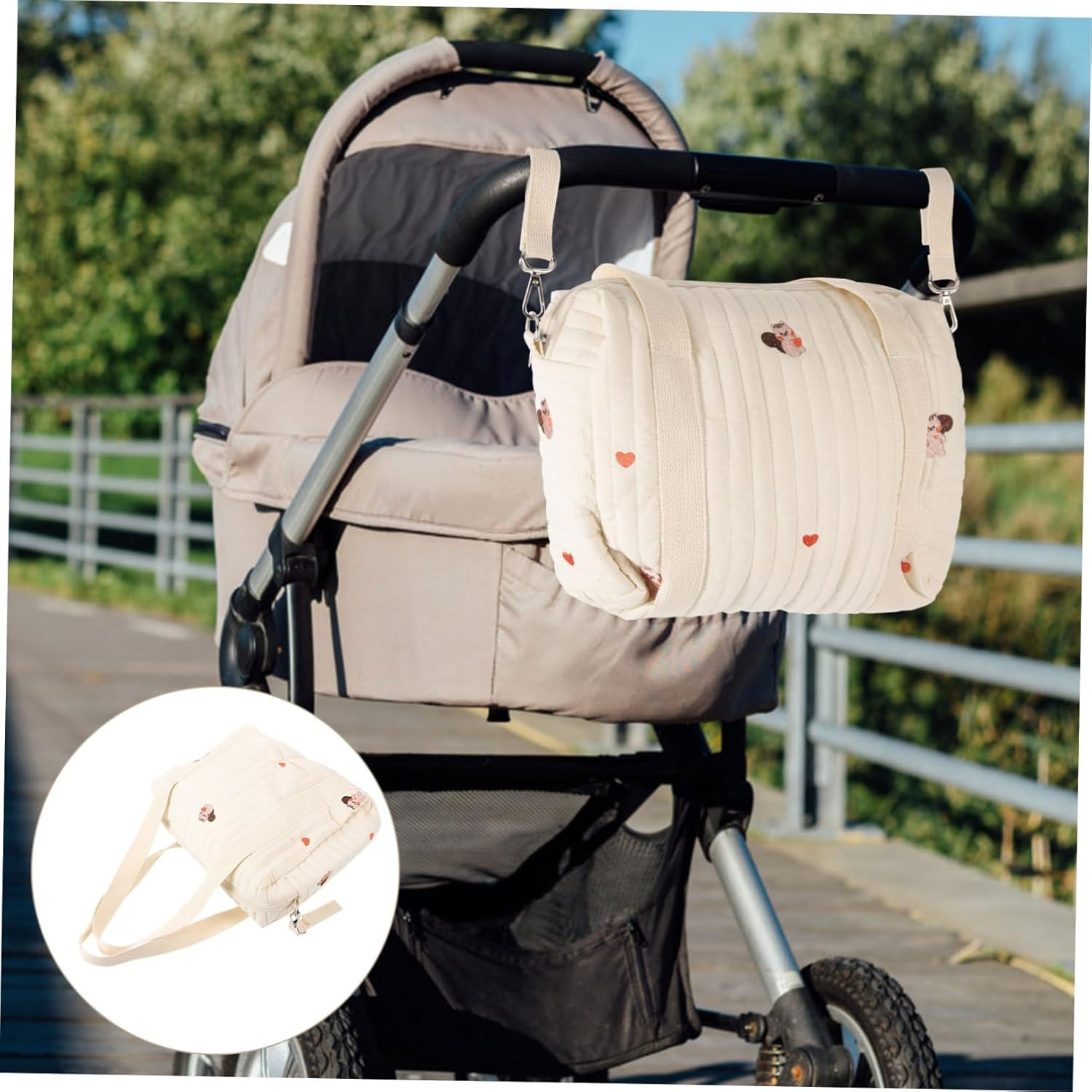 Embroidered Cotton Diaper Tote Bag for Baby Travel Stroller Hanging Diaper Storage Bag Double Straps Medium Size Squirrel Pattern image number 5