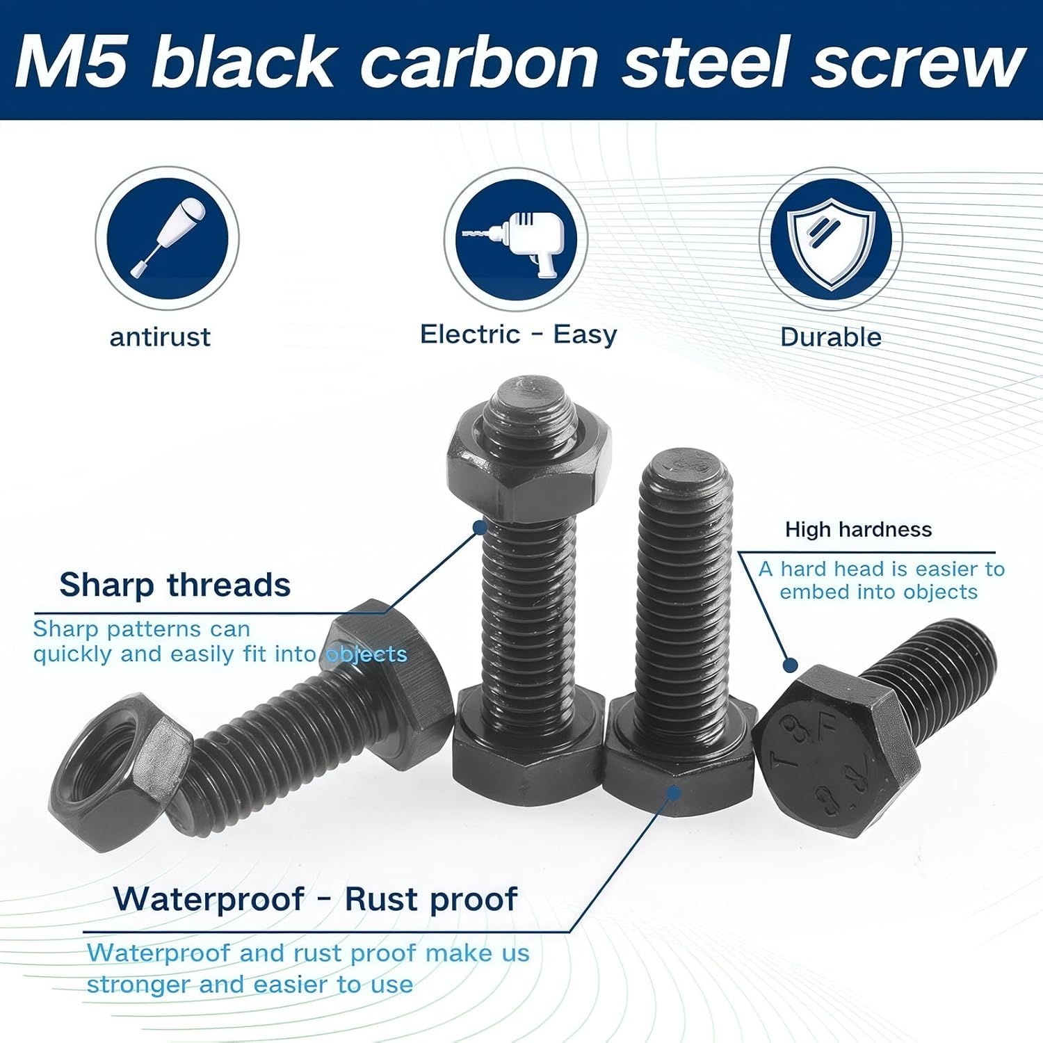 Zmbroll M6 Hex Bolts and Nuts Kit 148Pcs External Hex Head Cap Metric Machine Screws M5X12/16/20/25/30/35/40/45Mm 8.8 Grade Alloy Steel Black Screws Heavy Duty Hex Fasteners for Machinery
