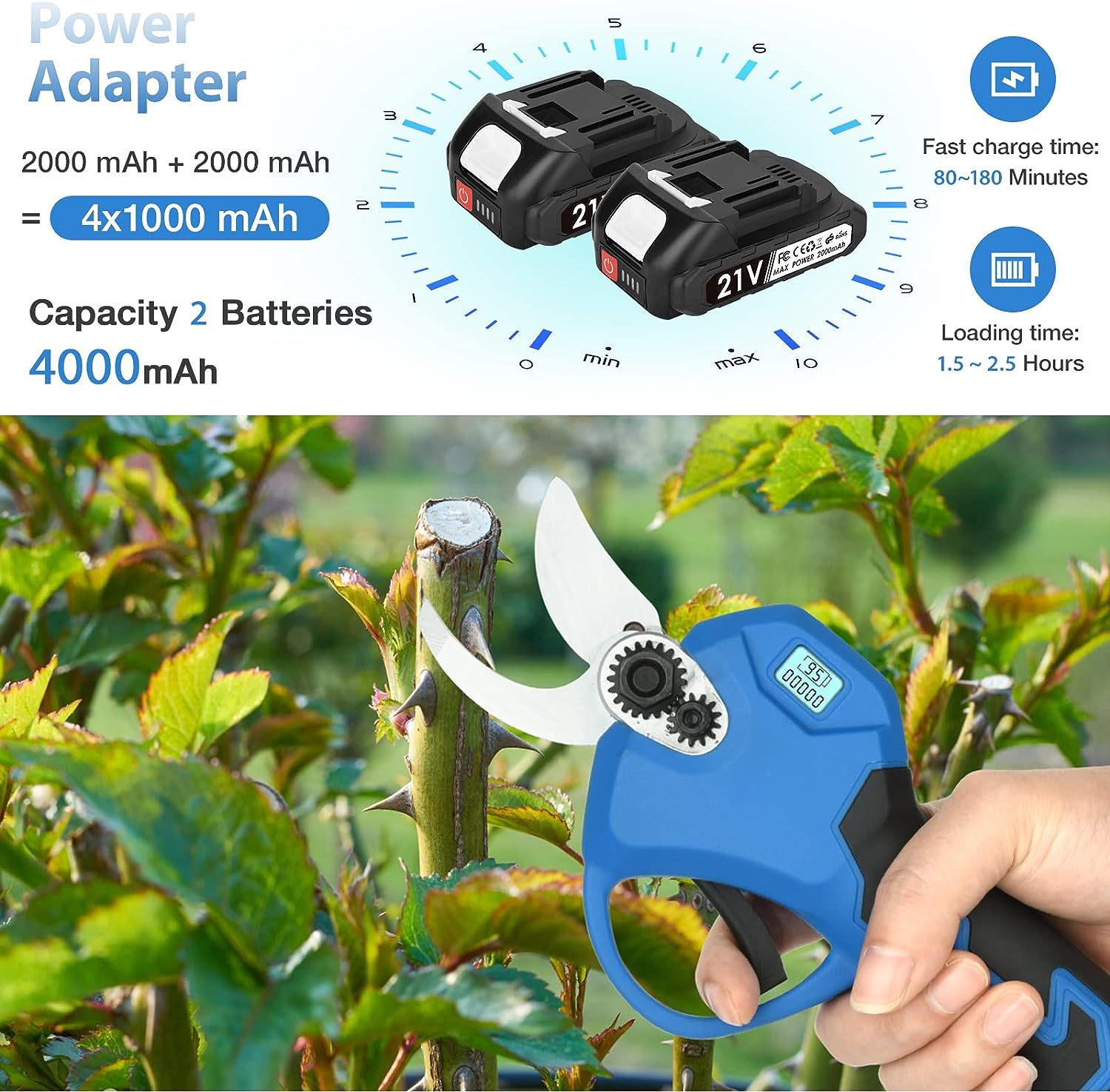 Electric Pruning Shears, Cordless Secateurs Battery Branch Cutter with 2PCS 2000Mah Battery, MAX 30Mm Cutting Diameter Professional Electric Scissors for Gardens Tree Branches image number 4