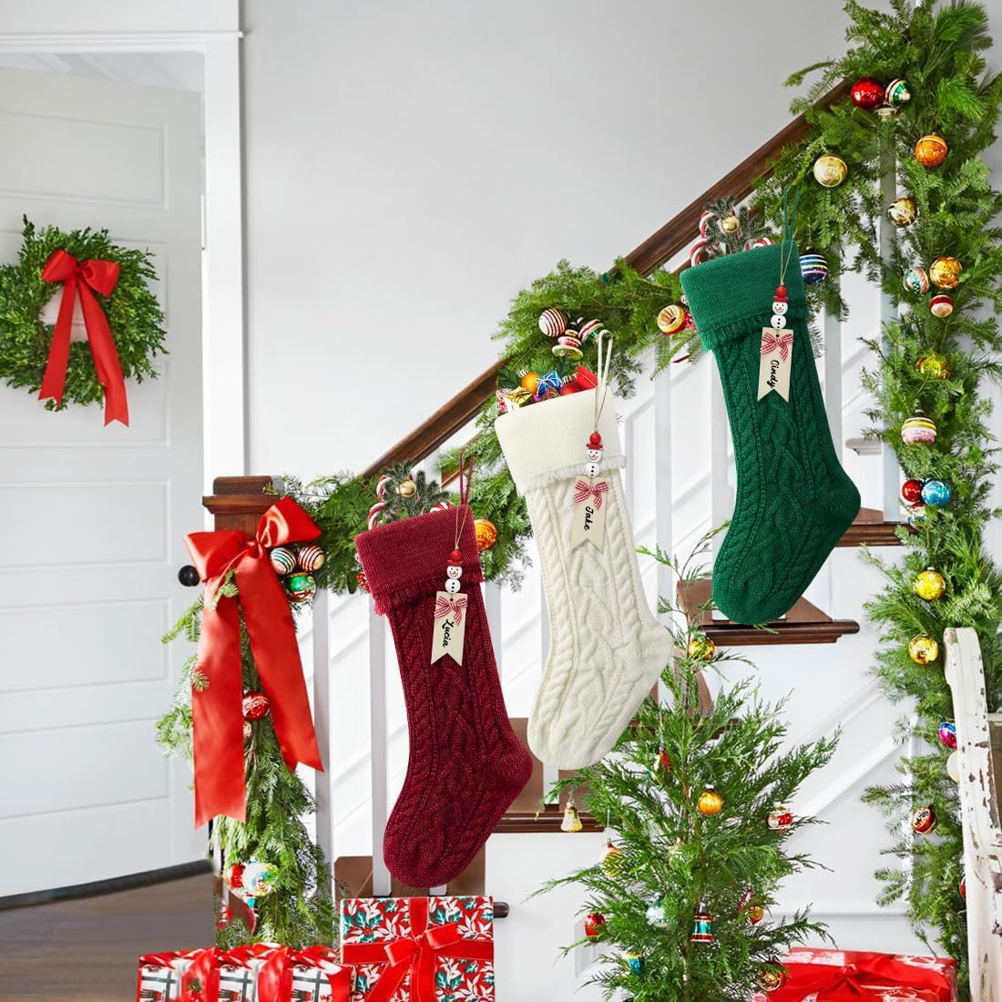 4 Pack Christmas Stocking,18 Inches Classic Deer Xmas Cuff Stockings,Classic Large Stocking Decorations for Family Holiday Season Decor - Ivory image number 4