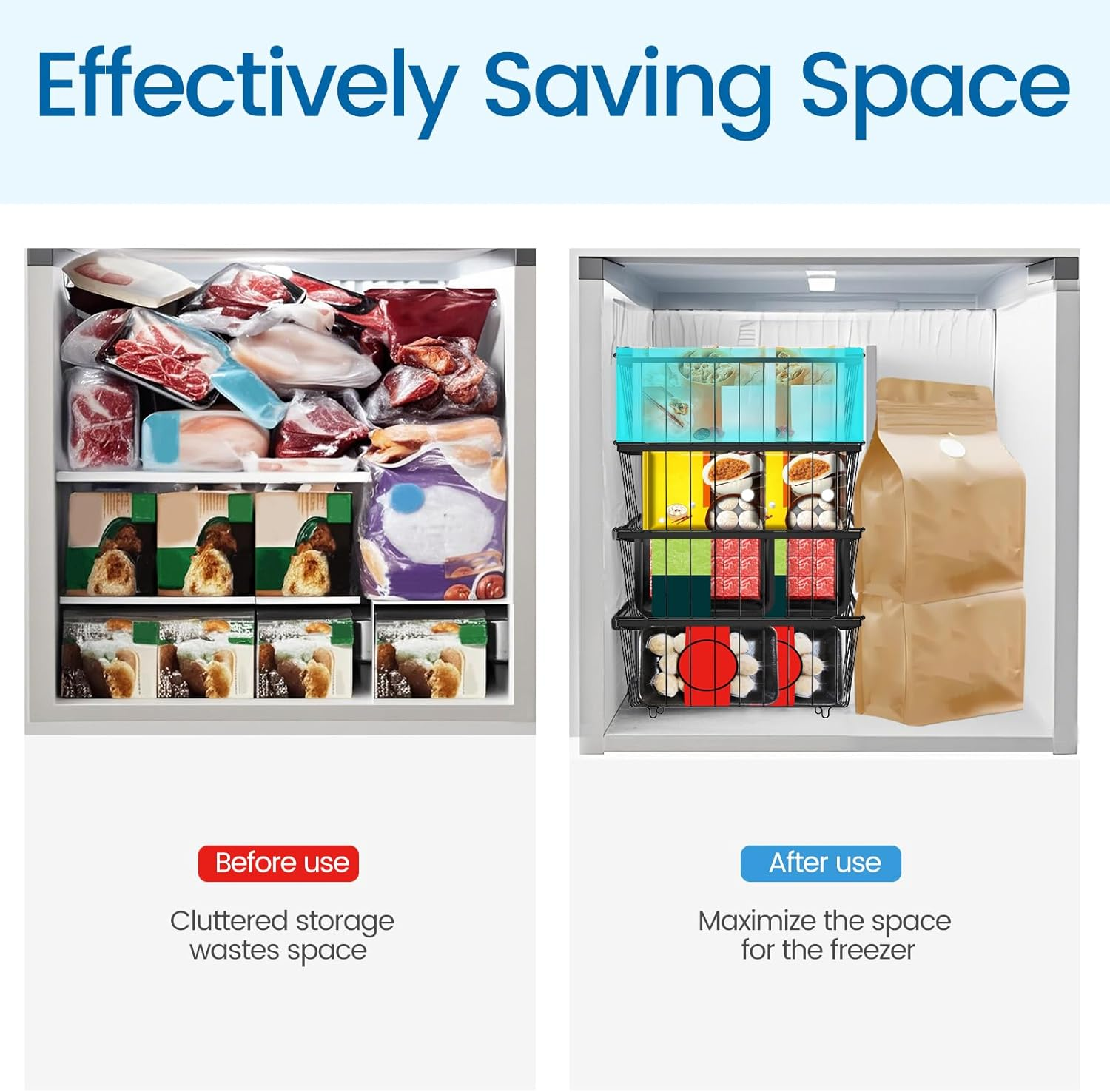 4 Pack Freezer Organizer Bins, Stackable Deep Freezer Organizer Bins, Chest Freezer Baskets for Sorting Frozen Meats and Food, Freezer Storage Basket with Foldable Handles image number 3