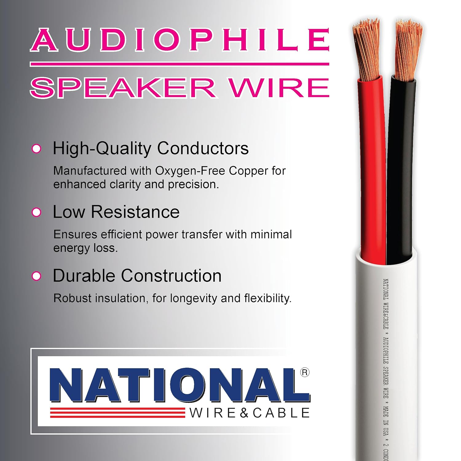 NATIONAL Wire&Cable - 14/2 Audiophile Speaker Wire (200 Feet) 14AWG Gauge - Made in USA - in Wall Audio Speaker Wire Cable/Cl Rated/Etl Listed / 2 Conductors - OFC Oxygen-Free Copper, White 200Ft image number 4