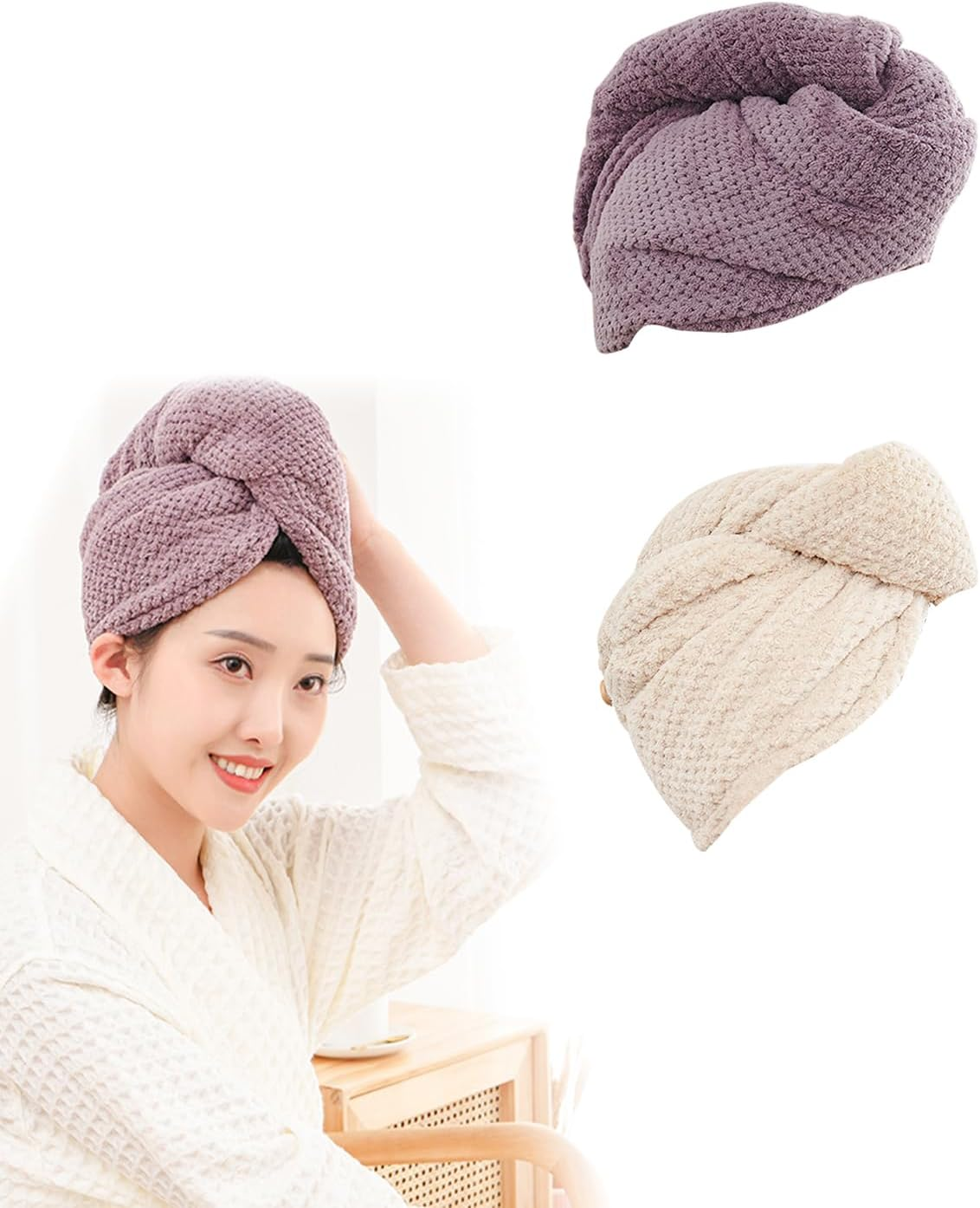 KGDUYC 2 X Hair Turban Towel with Button, Quick Dry Hair Towel, Quick-Drying Hair Towel, Microfibre Hair Towel, Hair Towel with Button for All Hair Types image number 3