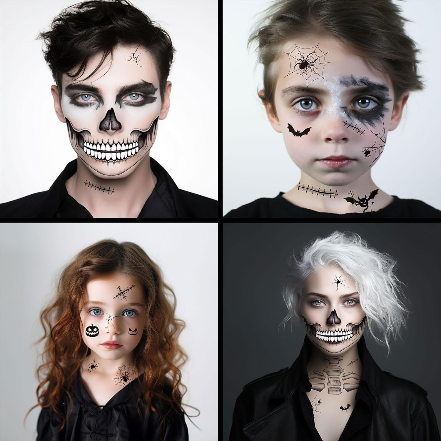 Halloween Face Tattoos for Women Makeup, Face Skeleton Mouth Spider Web Temporary Tattoo Stickers, Horror Make up Scary Face Tattoos for Kids Girls Boys Adults