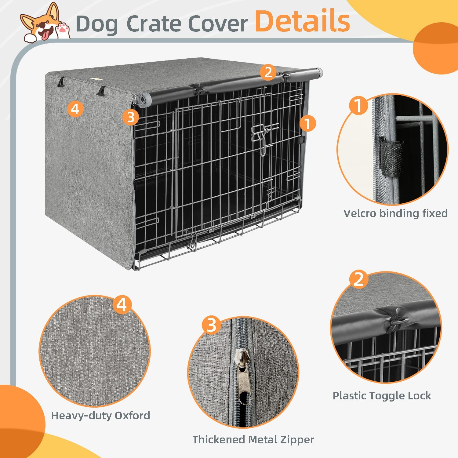 Double Door Dog Crate Cover, Dog Kennel Cover for Metal Dog Crates, Lightweight 600D Polyester Indoor/Outdoor Crate Cover (Fits 24 30 36 42 48 Inches Wire Crate)