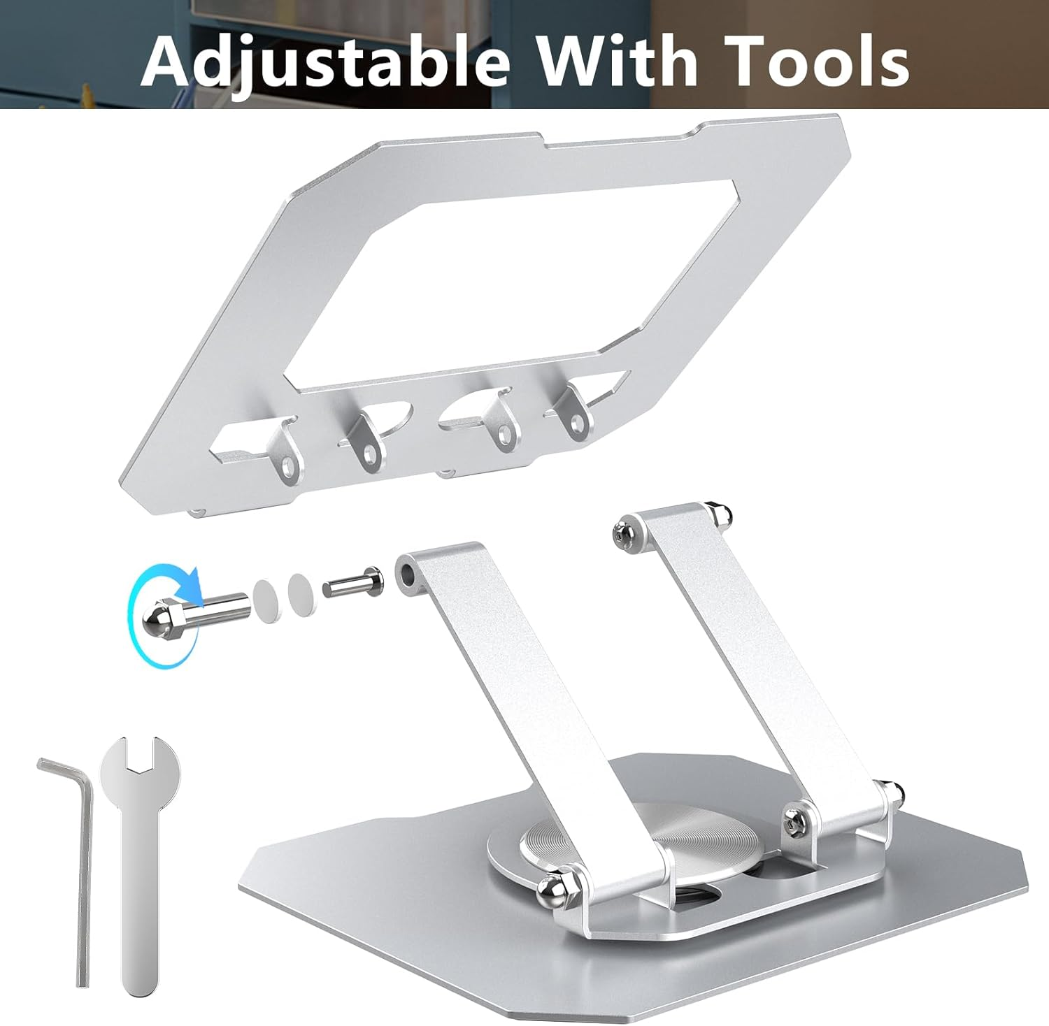 Bighan Tablet Stand, 360&deg; Adjustable Aluminum Ipad Stand Holder Foldable Fits Ipad Stand for Desk Rotating Portable Monitor Stand for Tablets PS Mobilephones Other 4.7"-12.9" Device, Silver image number 3