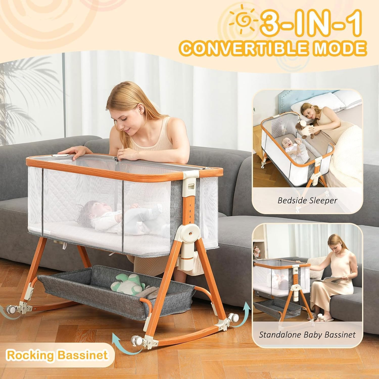 Baby Bassinet, Bassinet Bedside Sleeper Co-Sleeper with Adjustable Height, 4-Sided Mesh Baby Crib with Wheels and Storage Basket for Newborn 0-6 Months (Grey) image number 1