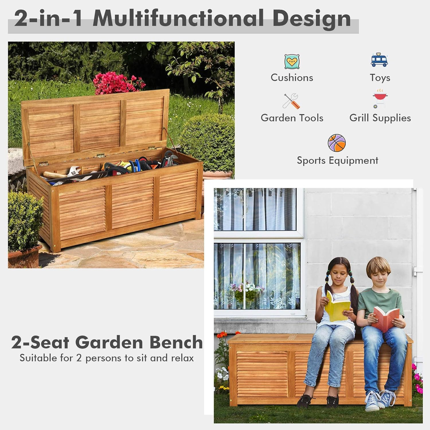 Costway Outdoor Acacia Wood Storage Bench, Garden Backyard Storage Box, Outdoor Storage Container for Patio Furniture Cushions and Gardening Tools image number 3