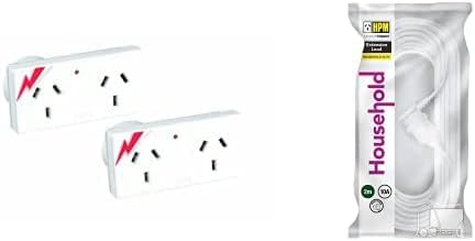 HPM D2PA/2WE Surge Protected Adaptors 2 Pack, White + Household Duty Piggy Back Extension Lead White 2M