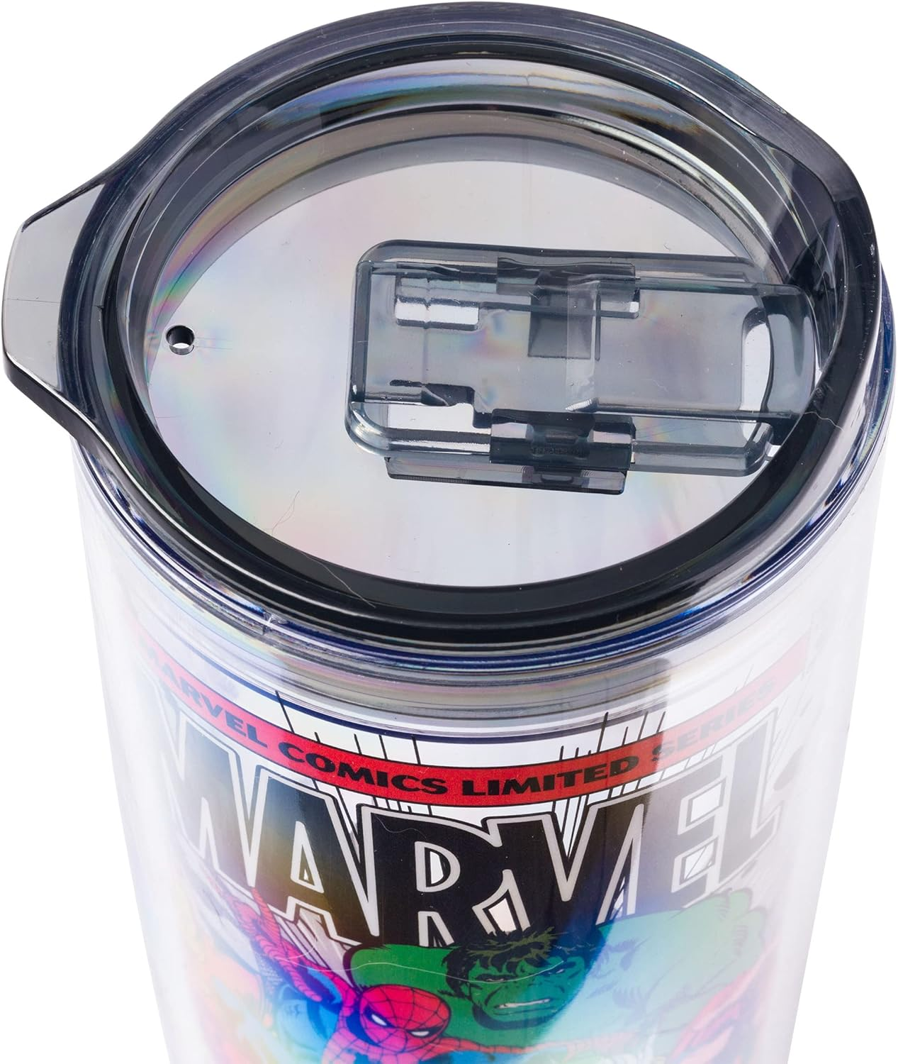 Silver Buffalo Retro Marvel Comics Avengers Double Wall Travel Tumbler with Slide Close Lid Spider-Man, Captain America, Thor, Hulk, and Iron Man, 20 Ounces - Care Bears And Strawberry Shortcake Iridescent image number 4