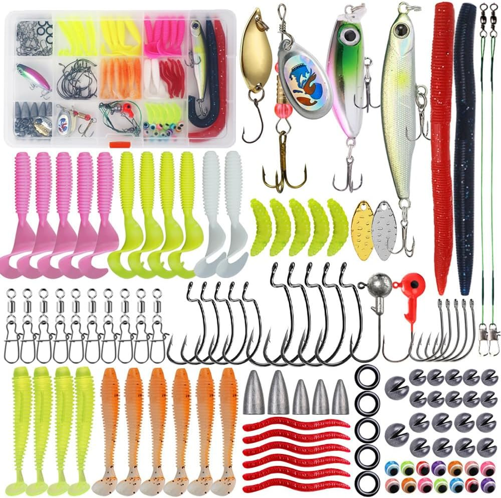 Roseflower 114 PCS Fishing Lure Set, Includes Hard and Soft Bait, Curly Tail Maggot/Double Tail Maggot, Fish Hooks, Minnow, Spinnerbait, Spoon, Freshwater Saltwater Fishing Equipment