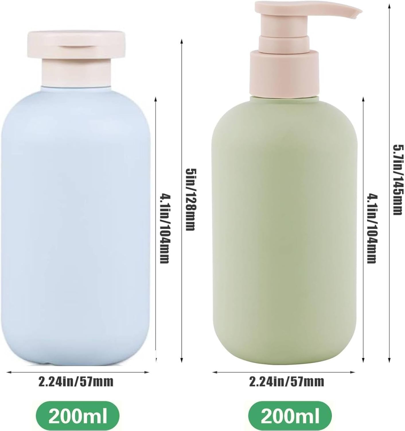 Travel Shampoo Bottles 2 Pcs with Flip Cap and Pump, Travel Bottles for Toiletries 200Ml, Empty Leak Proof Squeeze Travel Containers, for Toiletries,Shampoo and Conditioner (Green+Blue)