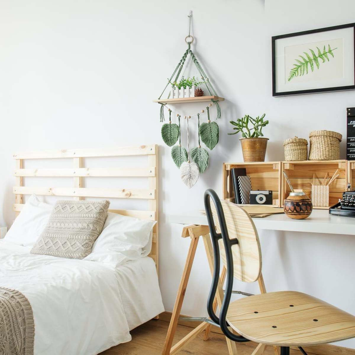 AIMALL 1 Piece Nordic Style Handmade Woven Tapestry Wall Hanging with Storage Rack, Pine Wood Frame, Leaves Design, 39X86Cm, Durable Decorative Shelf for Plants