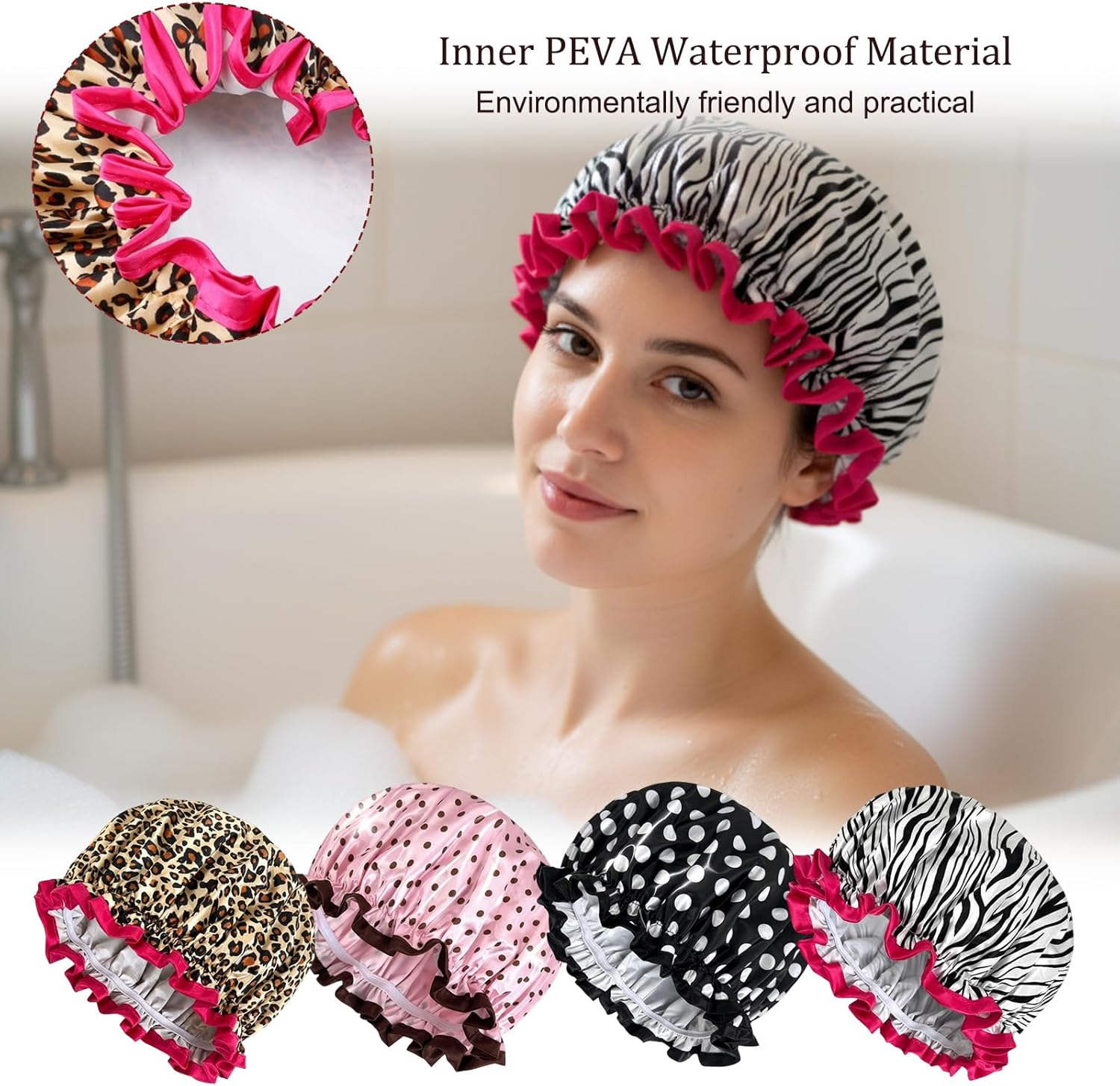 Shower Cap, 4 Pack Double Layer Shower Caps for Women, Leopard Print/Zebra/Pink Polka Dots/Black Polka Dots, Waterproof Bathing Hat for Showering, Spa, Travel and Home Use image number 3