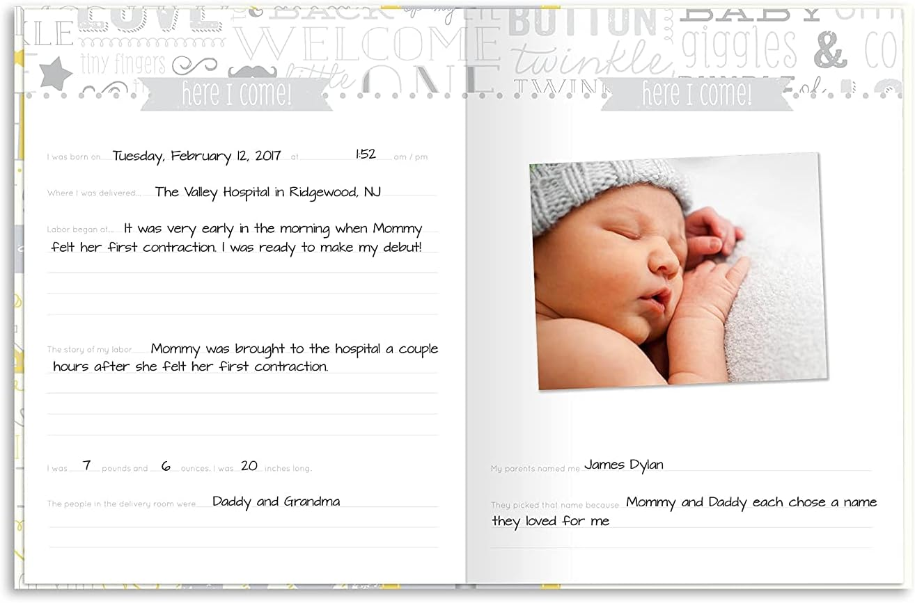 Pearhead Little Blossoms by Vintage Five Year Memory Book with an Included Clean-Touch Pad to Create Baby'S Handprint or Footprint, Yellow and Gray, 9X10.75X0.67 Inch (Pack of 1) image number 5