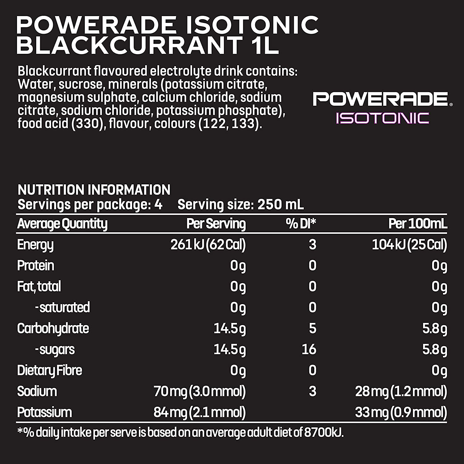 Powerade ION4 Blackcurrant Sports Drink Sipper Cap Multipack Bottles 12 X 1L