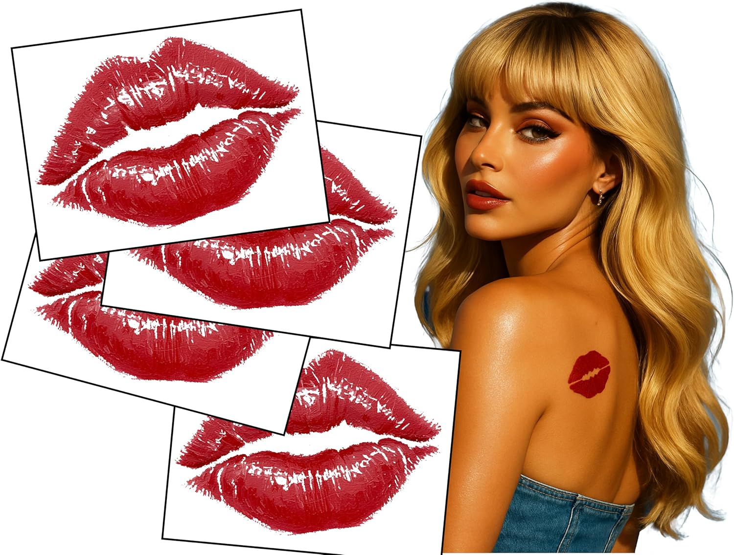 Espresso Yourself &ndash; Famous Lipstick Kiss Tattoo (4-Pack) &ndash; 3" Red Lip Print &ndash; Pop Star-Inspired Back Tattoo &ndash; Temporary Ink That Hits Different