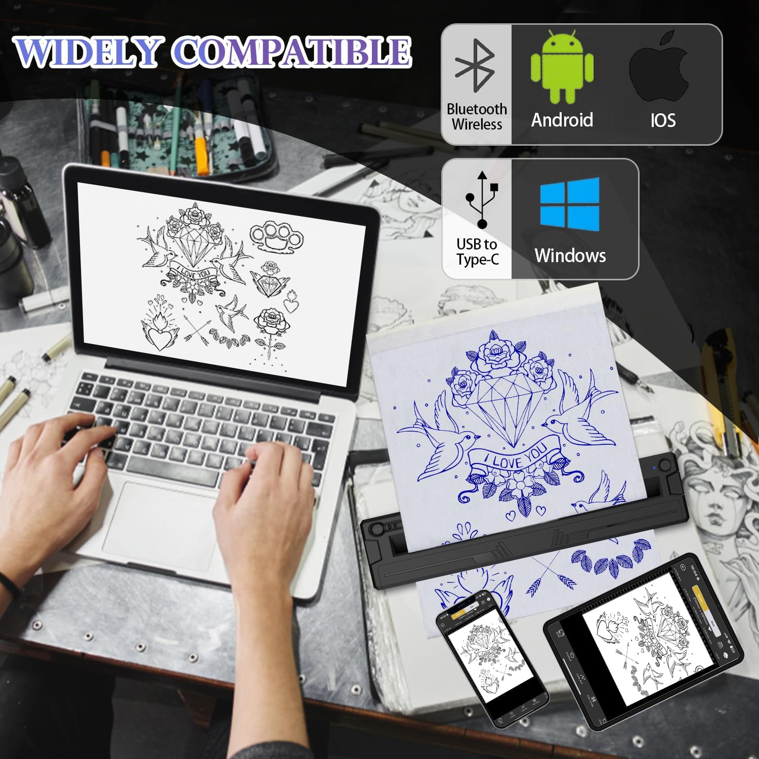 M8 Wireless Tattoo Stencil Printer, Portable Bluetooth Thermal Tattoo Printer Application Custom Size&le; A4, Print Realistic Portraits Included, 10 Transfer Papers, Works for Phone/Tablet/Pc (Black)