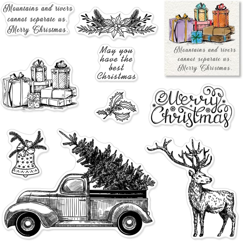 Christmas Gift Truck Clear Stamps for Card Making Decoration and Scrapbooking Supplies, Xmas Theme Blessing Words Transparent Rubber Stamps with Sentiment for Paper Card Photo Album Crafting Supplies