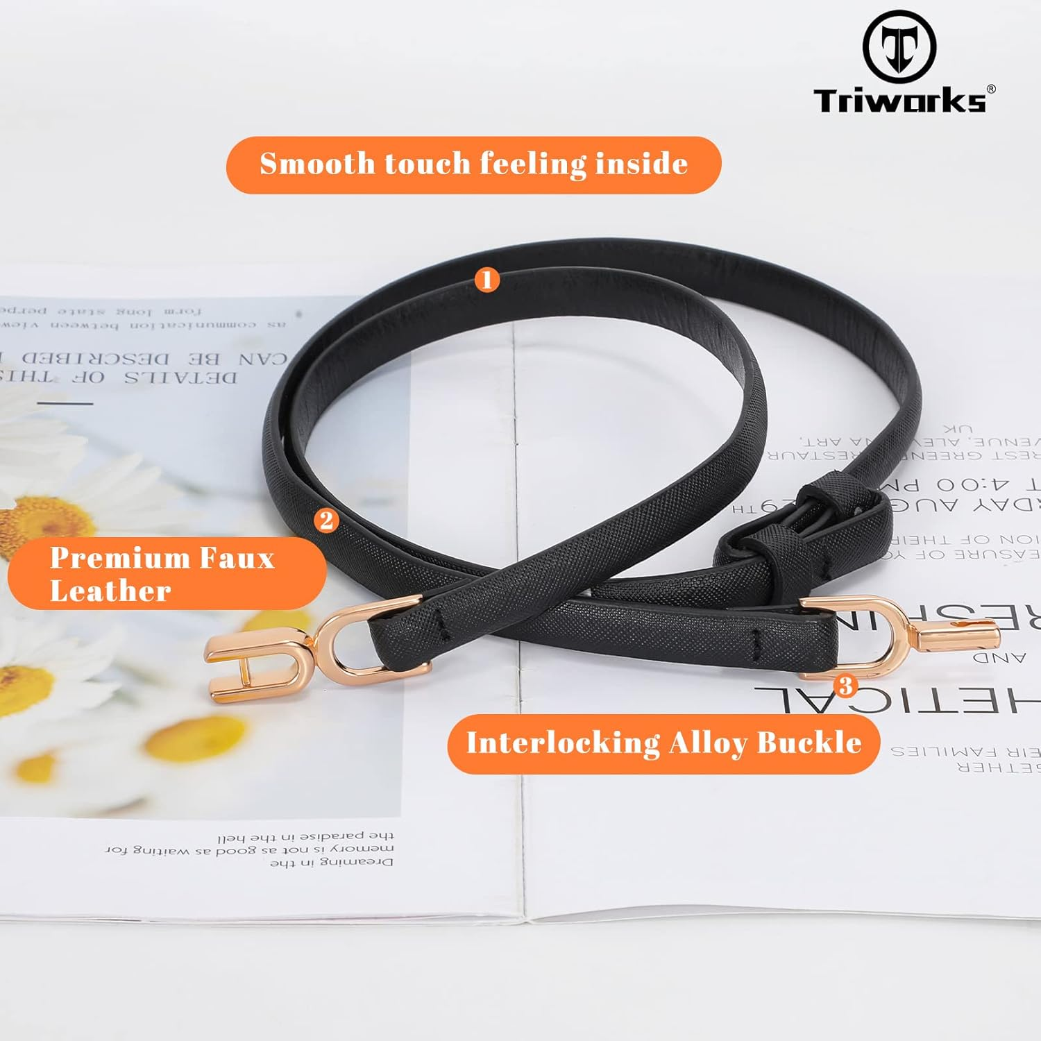 TRIWORKS Women Leather Skinny Belt 2 Pack Adjustable Belts Ladies Thin Waist Belts for Dresses, Black+Brown image number 4