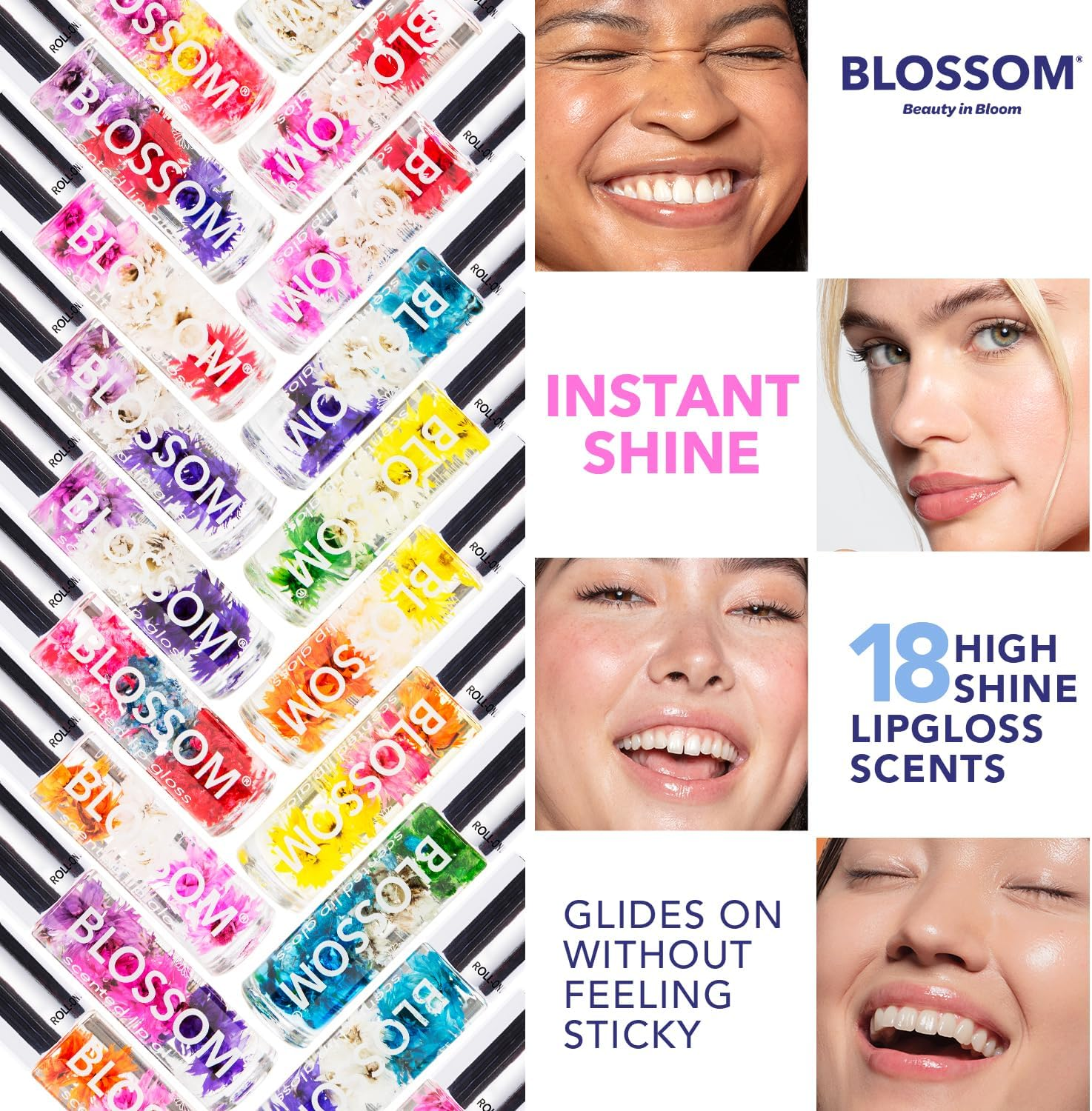 Blossom Roll on Lip Gloss, Scented Clear High Shine Moisturizing Lip Oil, Non Sticky, Infused with Real Flowers, Made in USA, 0.2Oz, Strawberry image number 2