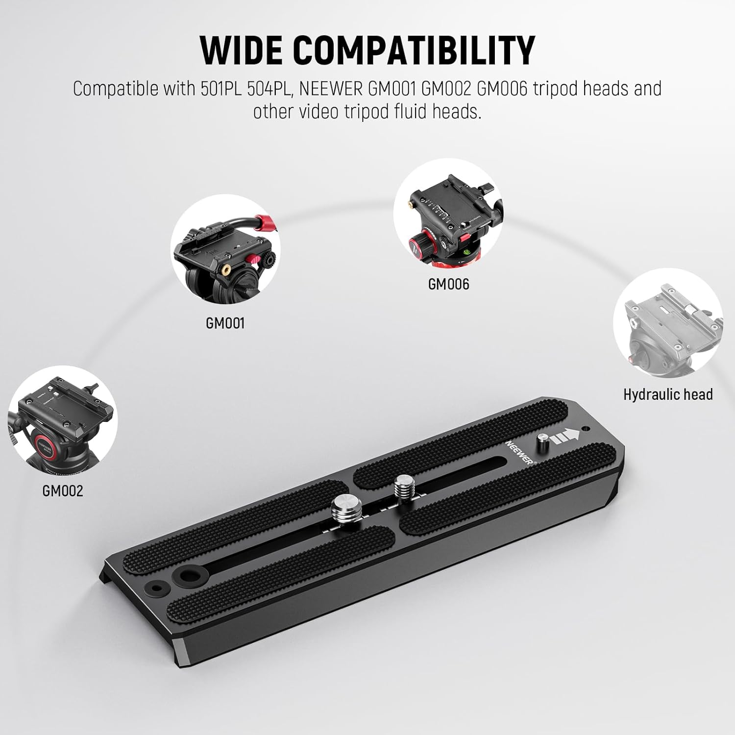 NEEWER 501PL Tripod Quick Release Plate Compatible with MVH500AH MVH502AH, 6.3"/16Cm Extended Camera Mounting Plate with 1/4" 3/8" Screws, anti off Pin for GM001 GM002 GM006 Fluid Heads, QR6 image number 2