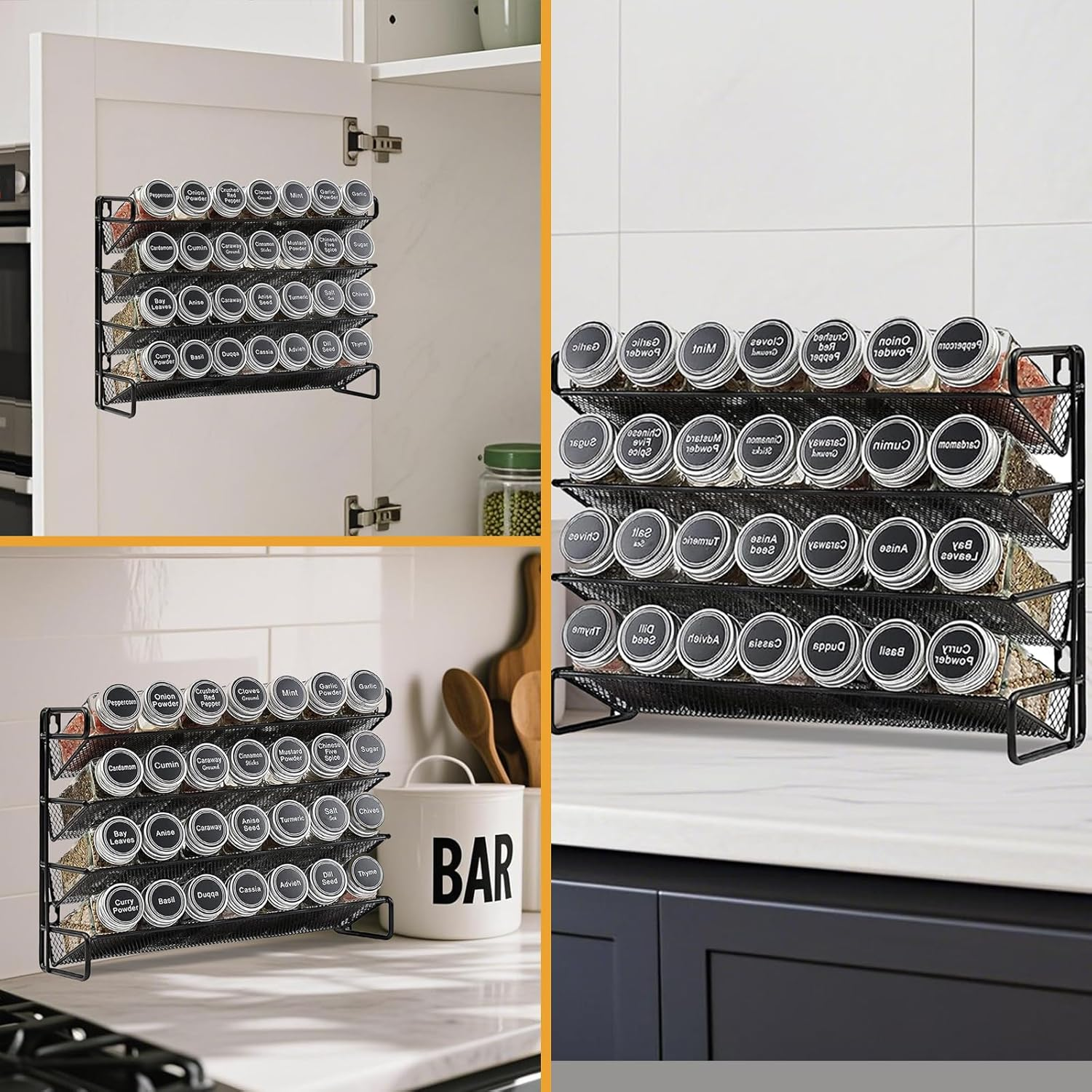 UPAUS Spice Rack Organizer with 28 Spice Jars, 180 Spice Labels, Chalk Marker, Bottle Brush and Funnel Set for Cabinet, Countertop, Pantry, Cupboard or Door & Wall Mount, 4 Tier, 34.5Cm W &times; 26.7Cm H
