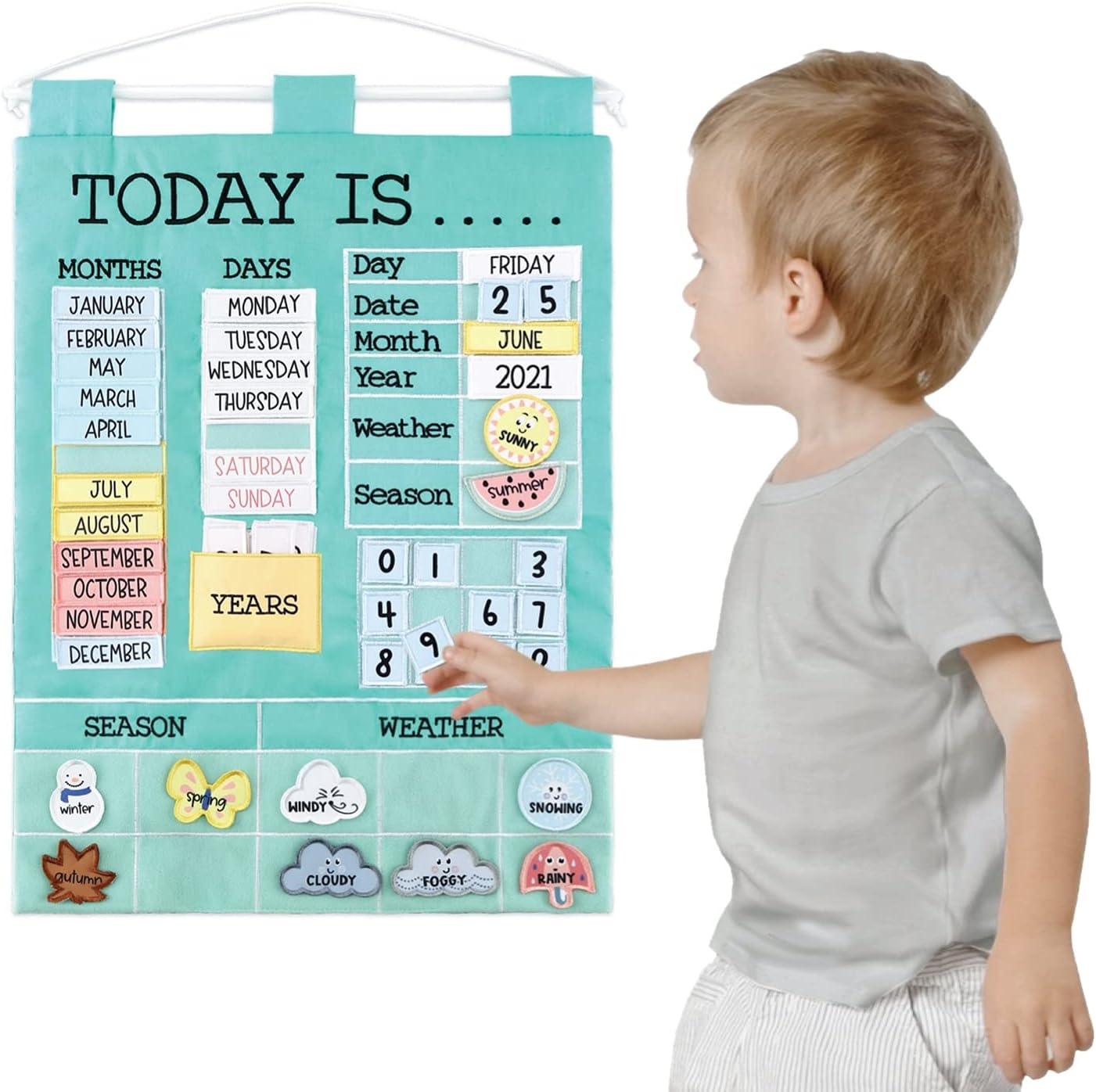 The Peanutshell Preschool Educational Wall Calendar - 53 Fabric Pieces for Months, Days, Years, Weather, & Seasons image number 3