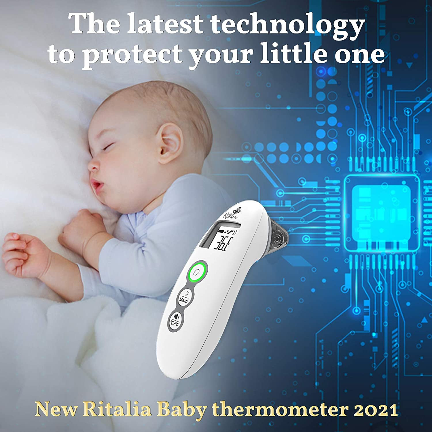 Ritalia&reg; Baby Thermometer with Forehead and Ear Mode for Adults Babies Toddlers and Infants - Touch-Free Operation, Rapid 1-Second Digital Thermometer for Accurate Readings Fever Alert image number 3