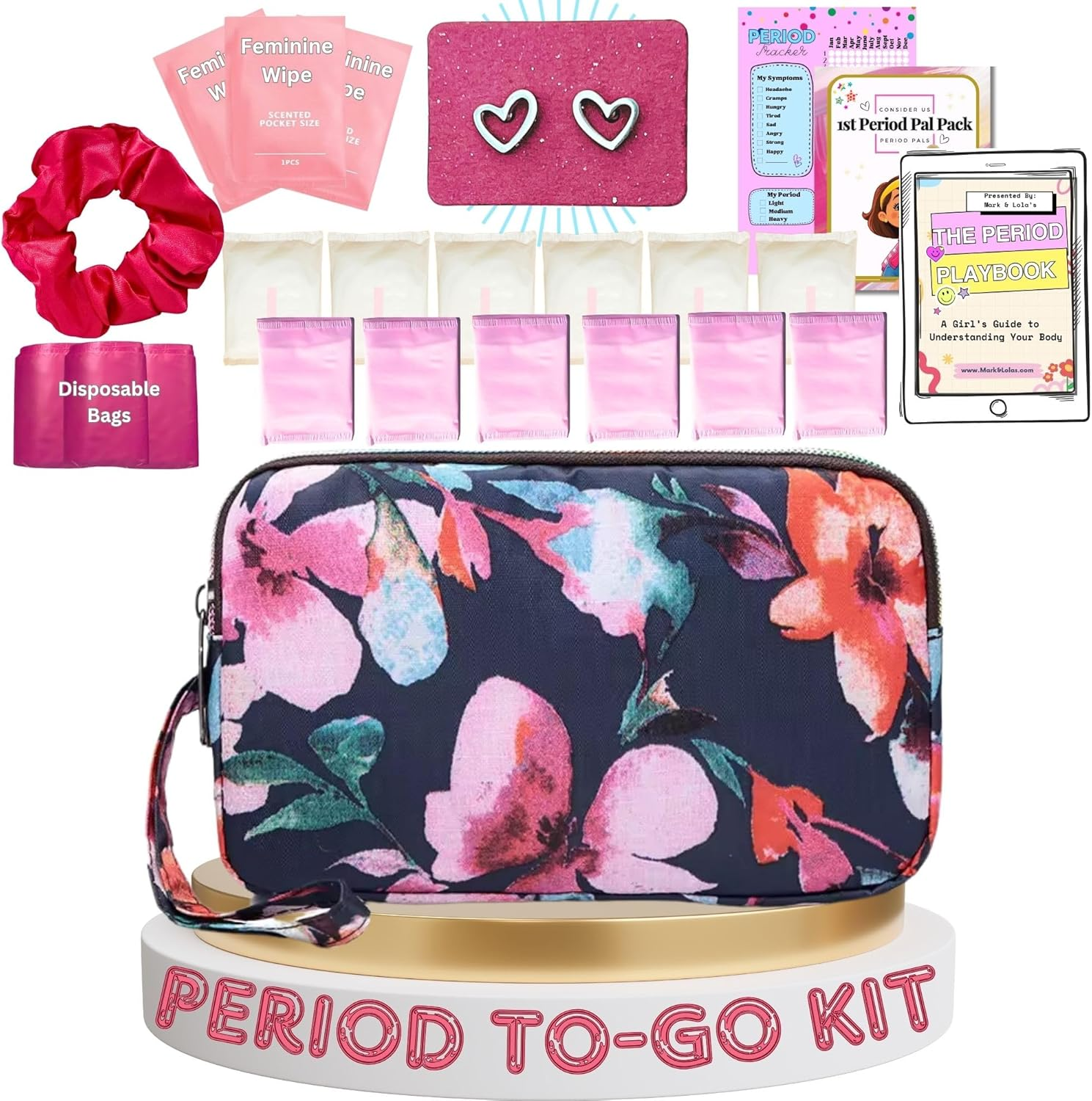 First Period Pal Pack To-Go Kit | 26 Pcs | First Period Kit for Tweens | Teen Period Kit| Discrete Period Bag, Pads, Panty Liners, Period Kits for Tweens 10-12 (Florets)
