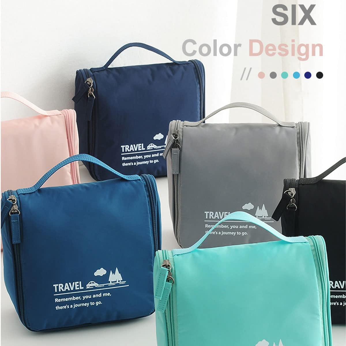 Flip Hook Type Polyester Fabric Travel Makeup Bag with Large Capacity Cosmetic, Portable Skincare Storage (Navy Bule) - Black image number 6