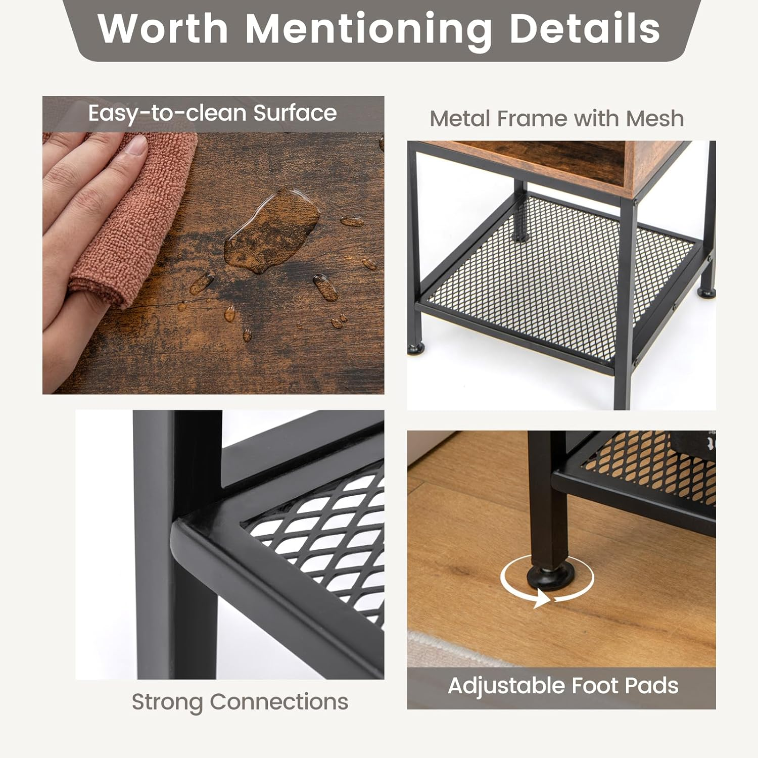 Costway End Table, 2-Tier Industrial Side Table with Mesh Storage Shelf, Stable Metal Frame, Adjustable Foot Pads, Nightstand Bedside Table for Living Room Bedroom Small Spaces image number 5