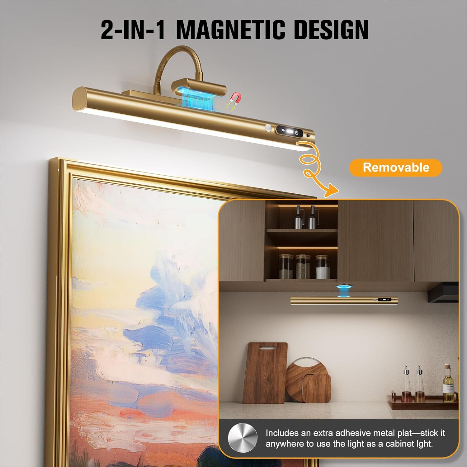 15.7'' Picture Lights for Wall with Motion Sensor, 9000Mah Rechargeable Battery Operated Poster Lights for Paintings, Portraits, Wall Decor, Gold image number 5