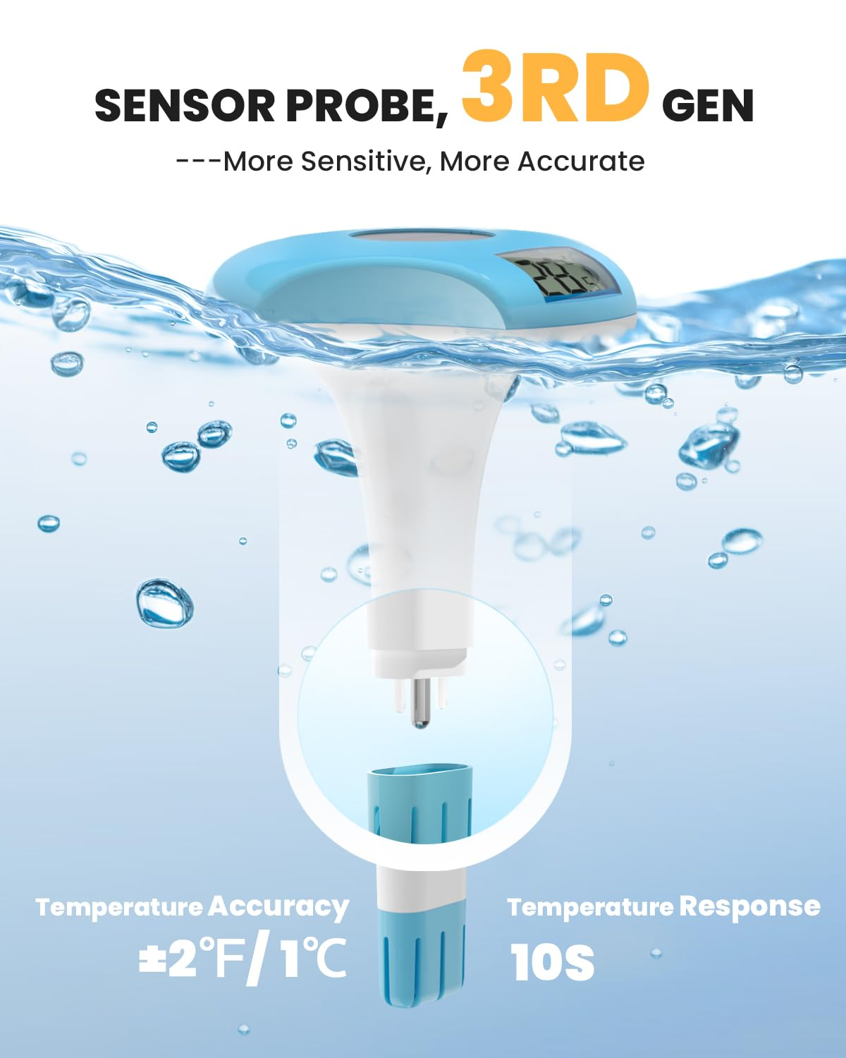 BALDR Pool Thermometer, Floating Digital, IPX8 Waterproof, Solar Powered, Easy Read, Blue - Blue image number 1
