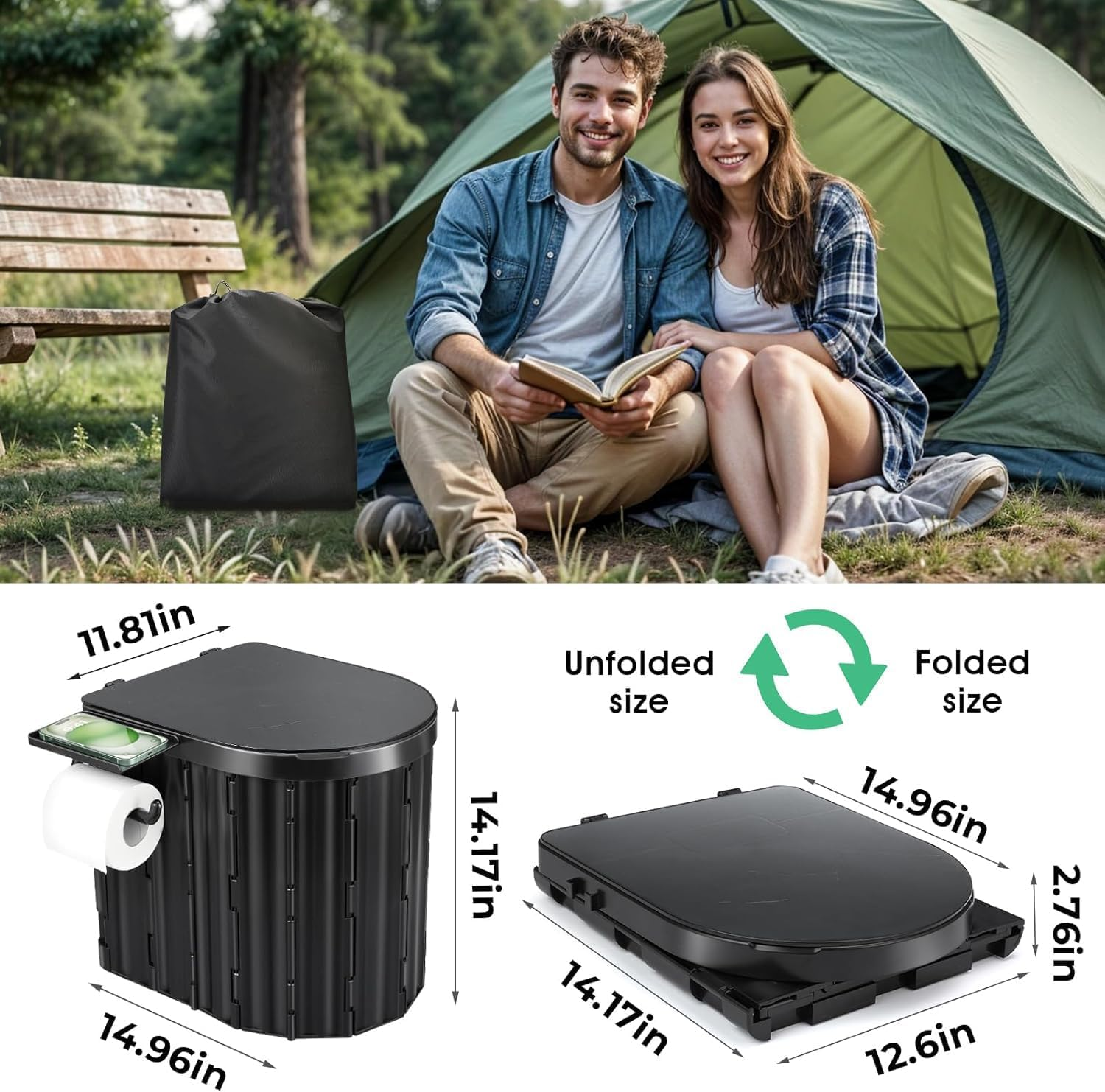 Sckee Portable Toilet for Adults, XL Portable Camping Toilet, Black Leather & Density Board, 16.5 Inch High, Floor Mounted, Multifunctional, Easy to Clean & Store image number 1