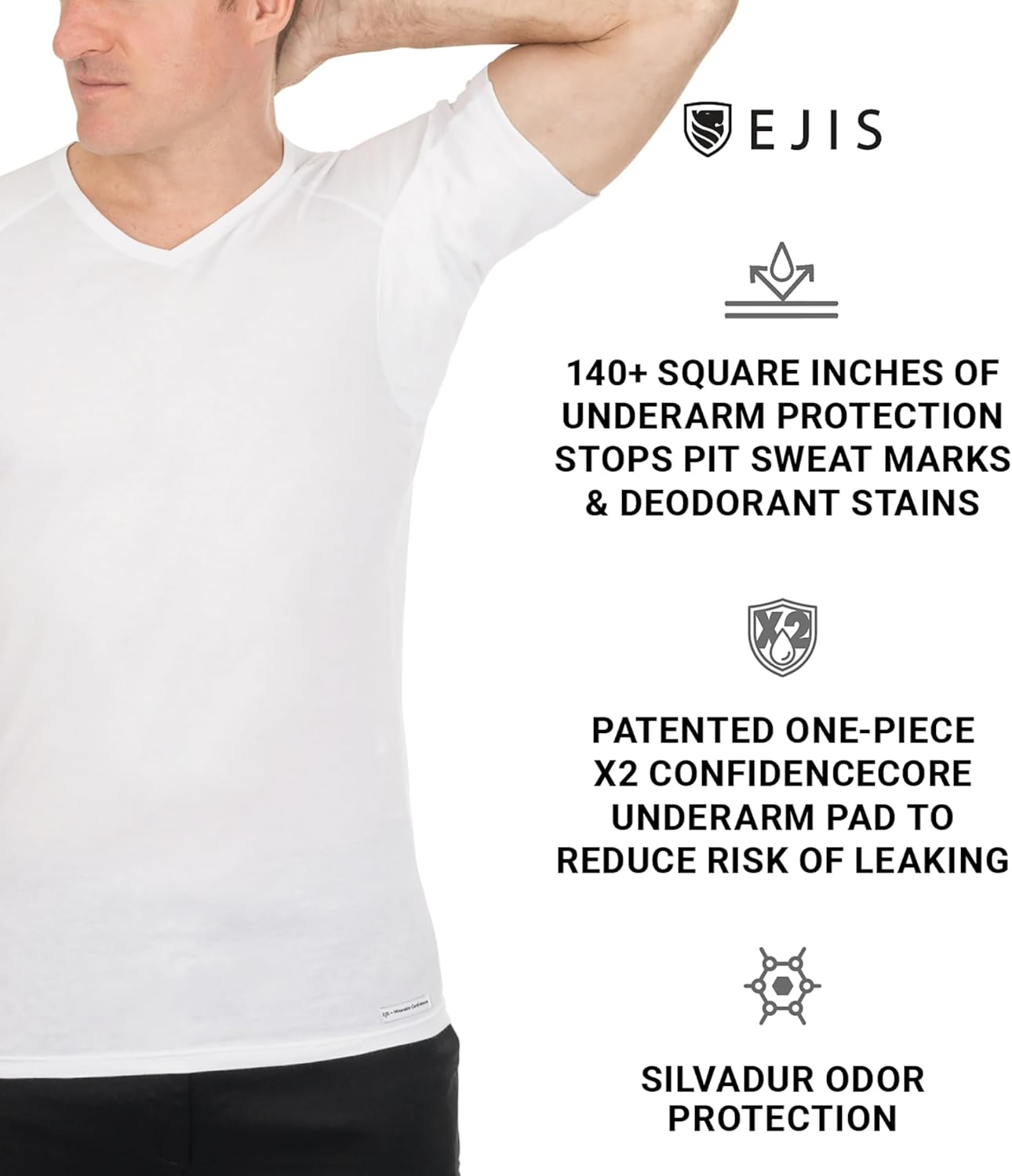 Ejis Men'S Sweat Proof Undershirt, V Neck, Anti-Odor Silver, Cotton, Sweat Pads image number 2
