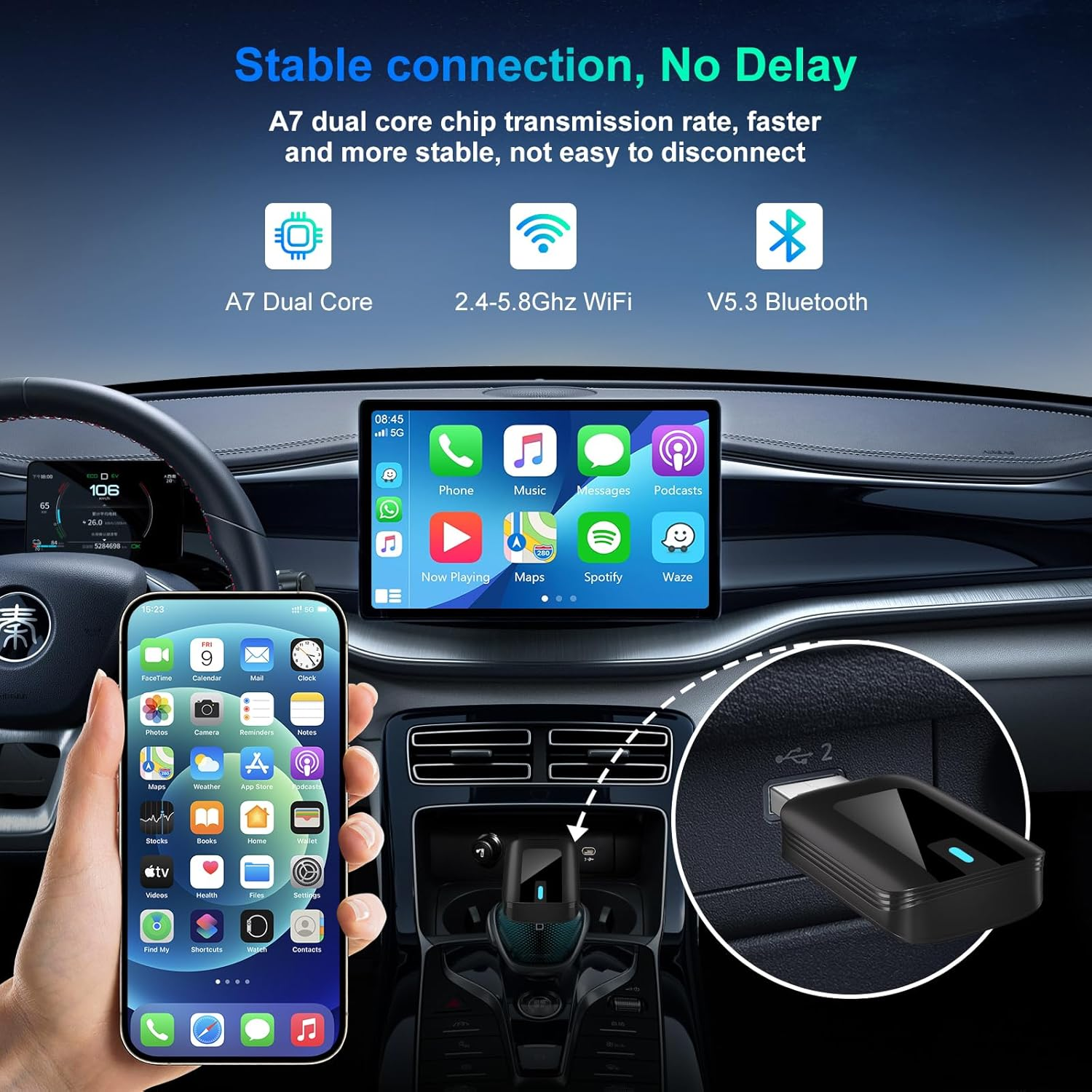 2 in 1 Wireless Carplay Adapter Plug & Play Magic Link Carplay Stable Fast Connect, Convert OEM Wired to Wireless Carplay Dongle/Android Auto Adapter for Cars 2016+, Iphone Ios 10+/Android 11+ image number 3