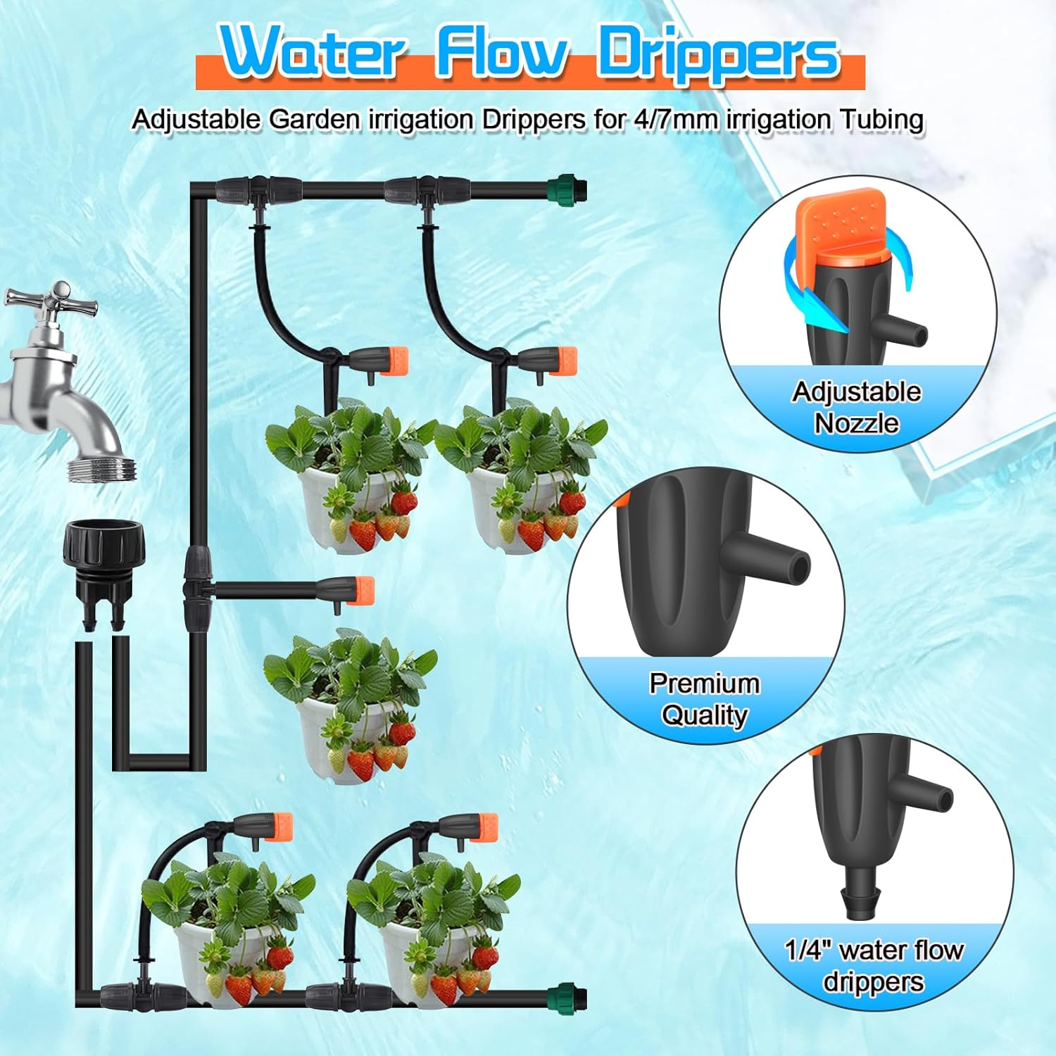 50 Pack Drip Emitters, Adjustable Water Flow Drippers for 1/4" Drip Irrigation Tubing, Garden Succulent Watering Dripper Sprinkler for (4-7Mm) Watering System (A) image number 3
