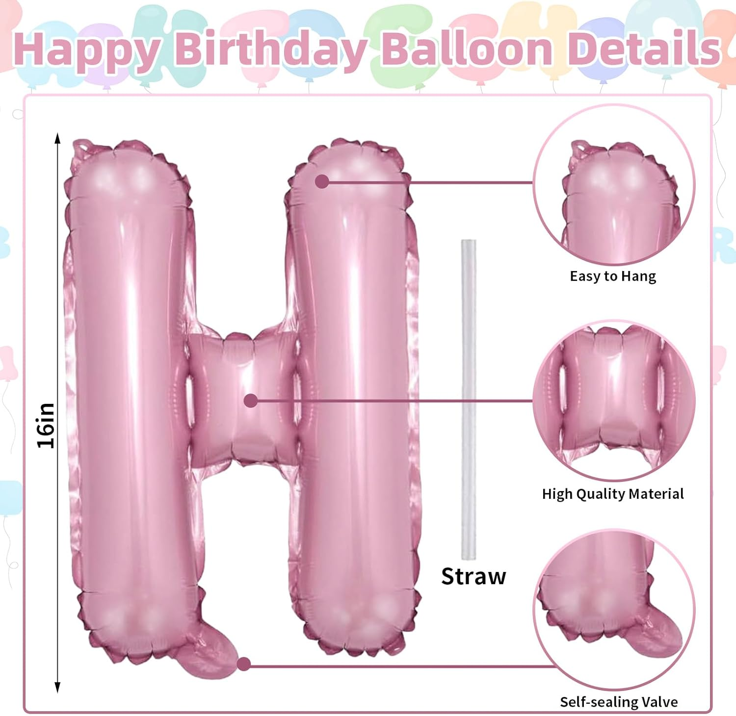 Pink Happy Birthday Balloon Banner, 16 Inch Pastel Pearl Baby Pink Self Inflating Happy Birthday Mylar Foil Balloon, Birthday Bunting Banner Letter Balloons for Girls Women Birthday Party Decorations image number 3