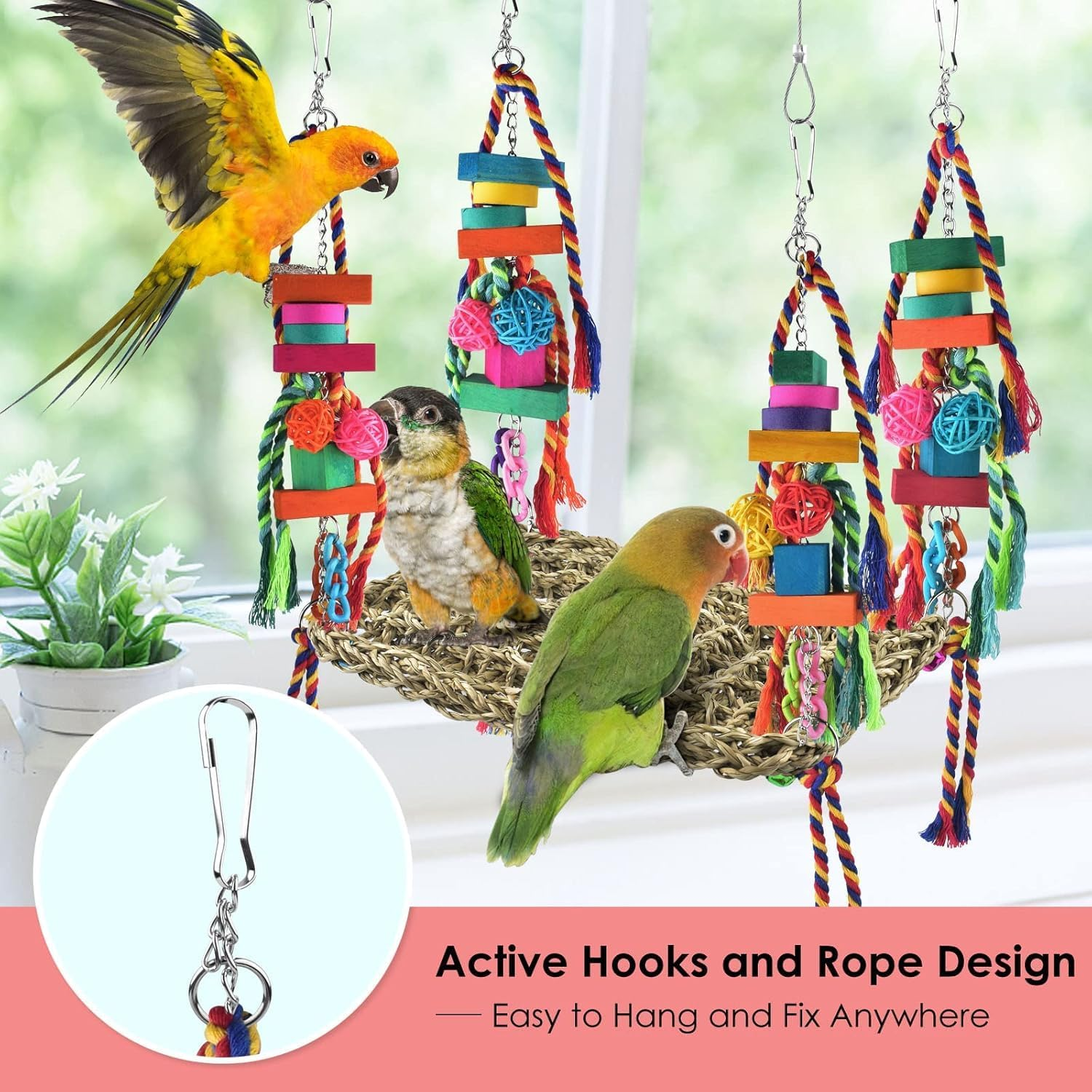 Bird Toys, Bird Foraging Wall Toy Large Size Seagrass Woven Climbing Hammock Swing Mat with Colorful Chewing Toys for Lovebird, Parakeet, Budgie, Conure, Cockatiel, Small Birds image number 2