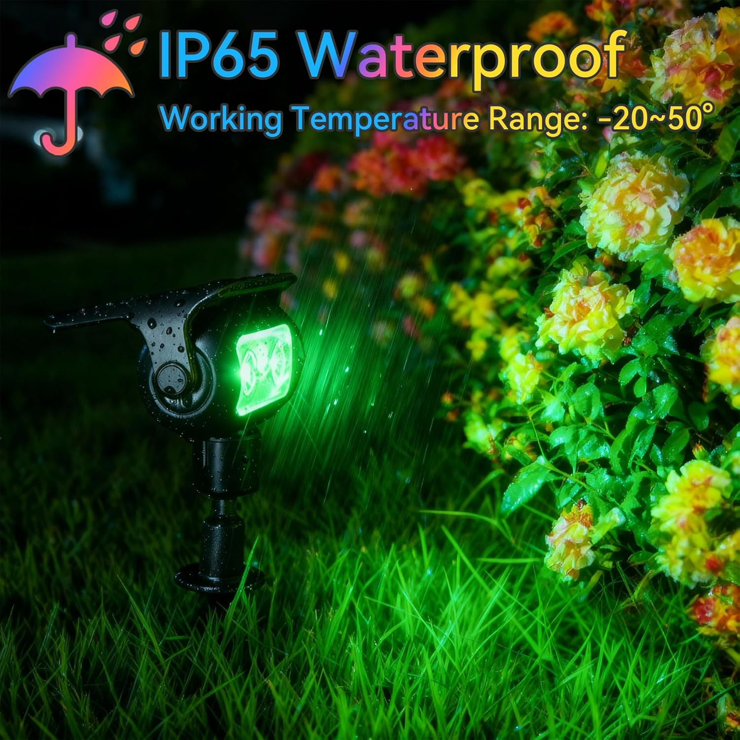 RGB LED Solar Garden Spotlights with Ground Stakes, 2 Pack, 5 Color Modes, Dusk-To-Dawn Sensor, IP65 Waterproof Outdoor Solar Lights for Yard, Lawn and Pathway Lighting image number 6