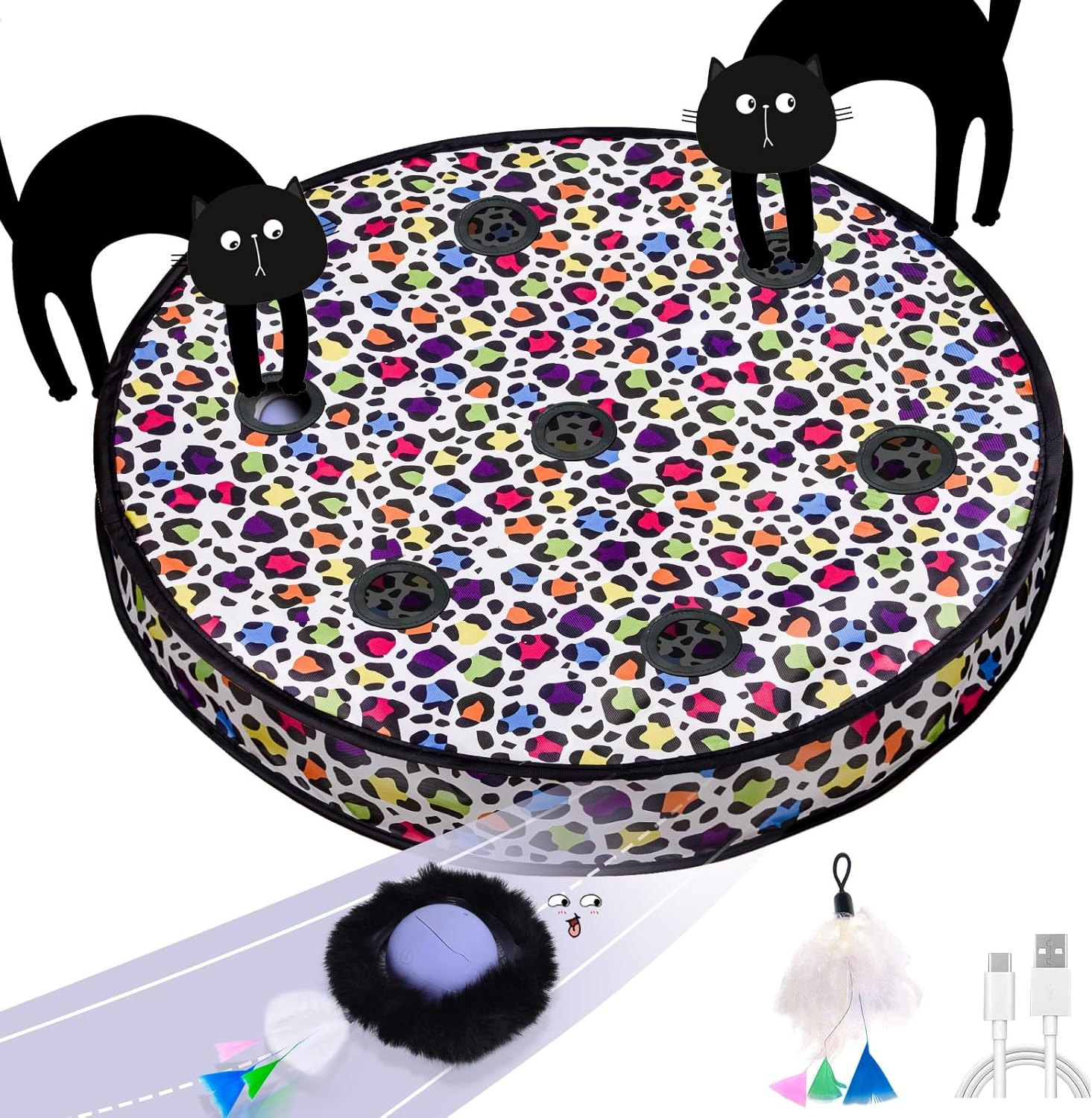 Goldensun Cat Toy Ball, Motion Chirping Activated Movable Ball, Mat Mouse Catching Game Blue, 5-Hole Hide and Seek Game for Cats Indoor