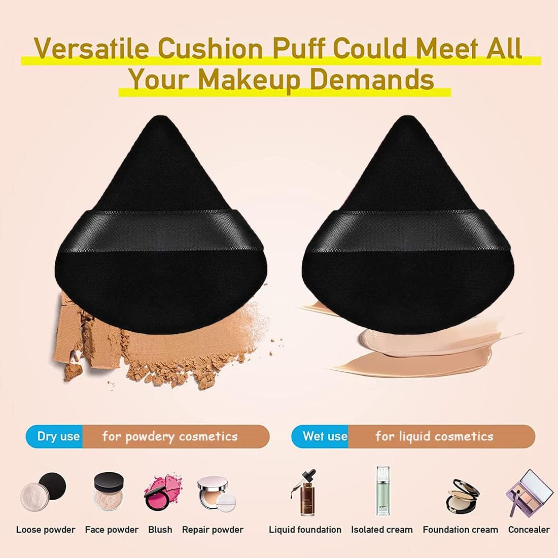 6 Pcs Powder Puff Face Soft Triangle Makeup Velour Powder Puffs for Loose Powder Mineral Powder Body Powder Cosmetic Foundation Wedge Shape Puff Beauty Powder Wet and Dry Use Makeup Tool-Black image number 3