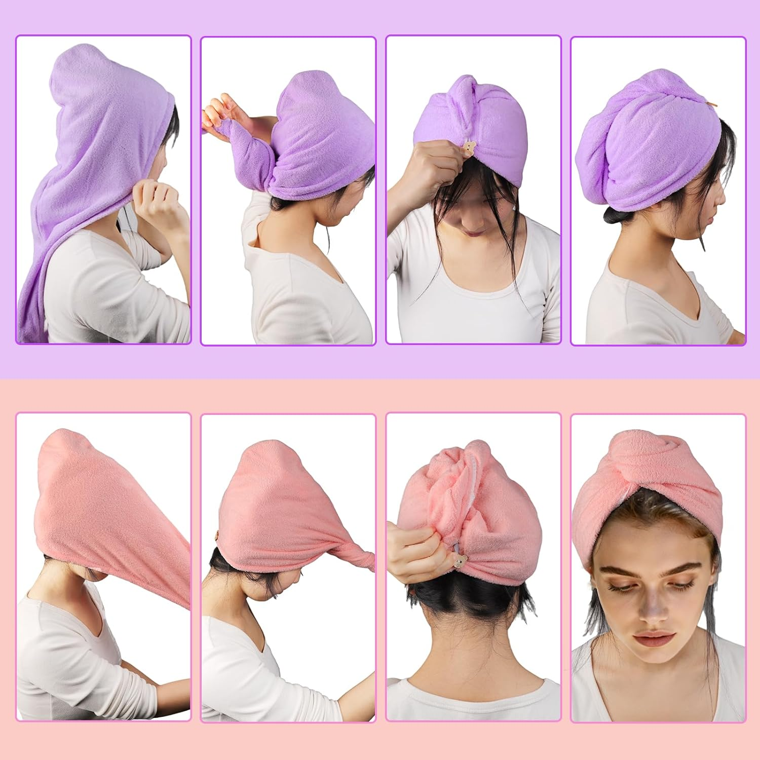Pack of 2 Microfibre Hair Towels, Pink Purple Thickened Hair Turban for Drying Hair, Turban Towel with Button, Super Absorbent, Quick-Drying Hair, Soft Twisted Hair Towel for Women Children image number 1